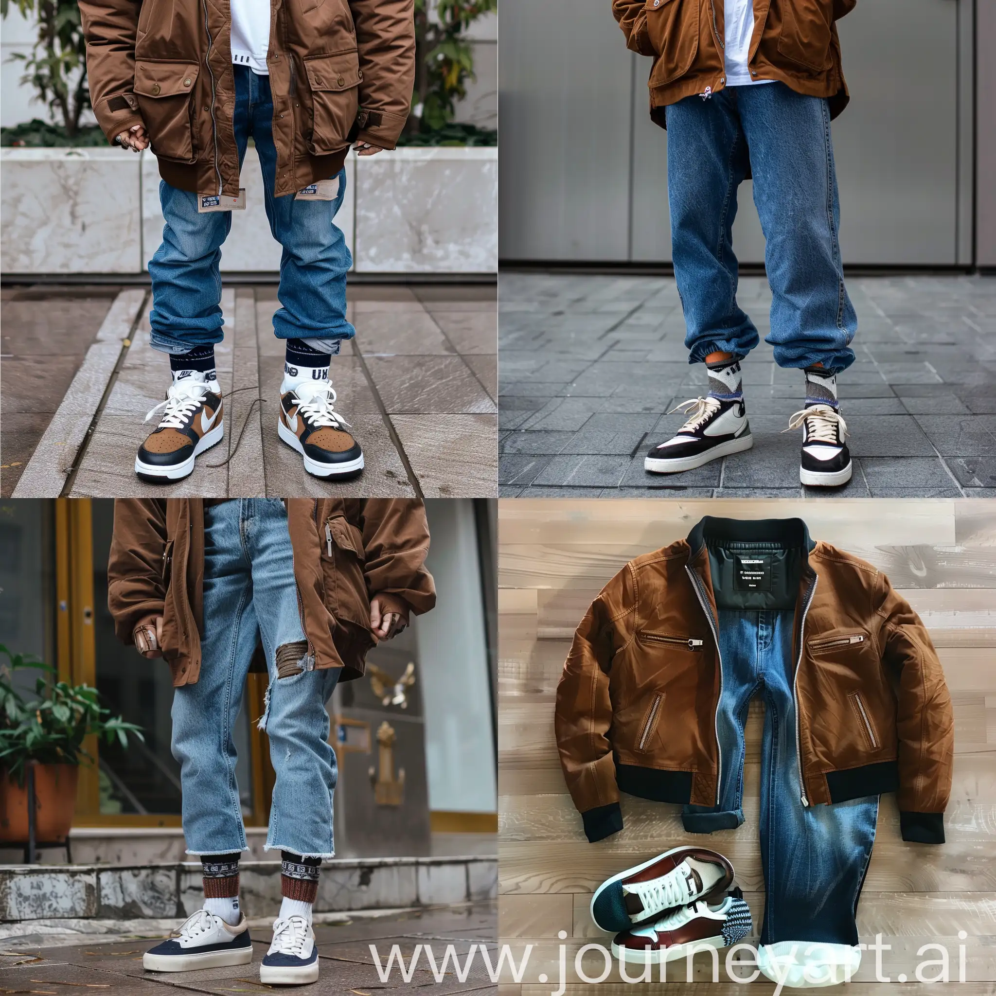 Stylish-Outlook-Urban-Fashion-with-Brown-Jacket-Blue-Jeans-and-Unique-Uzbekistan-Socks