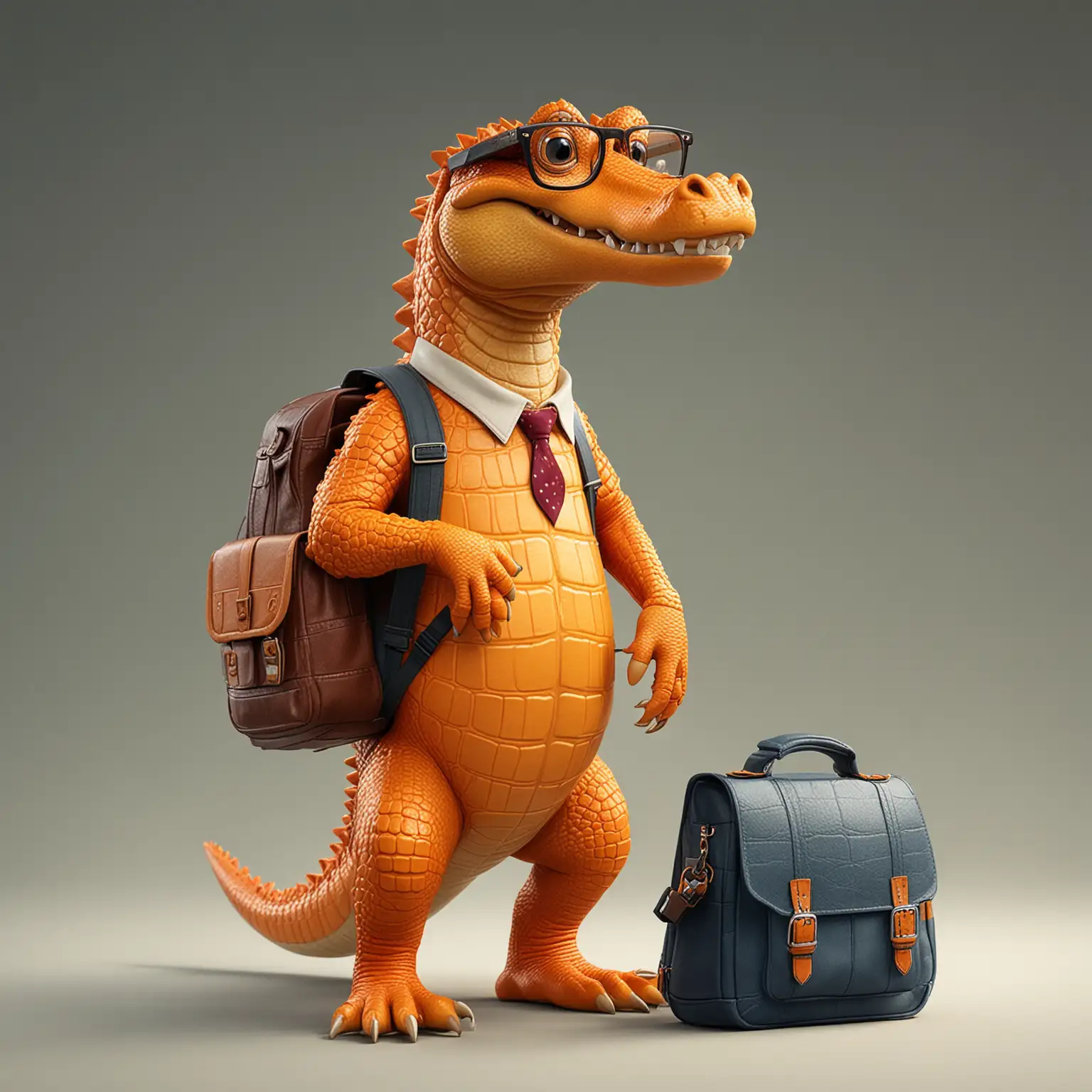 a tall orange crocodile wearing nerdy glasses and a school bag