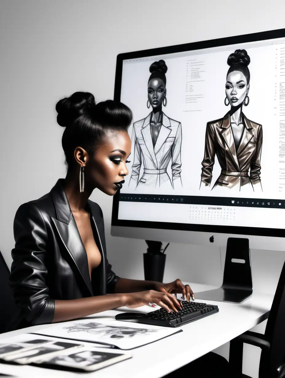 black fashion designer typing on the keyboard, woking at the computer screen, there are 2 screens, fashion sketches on the wall