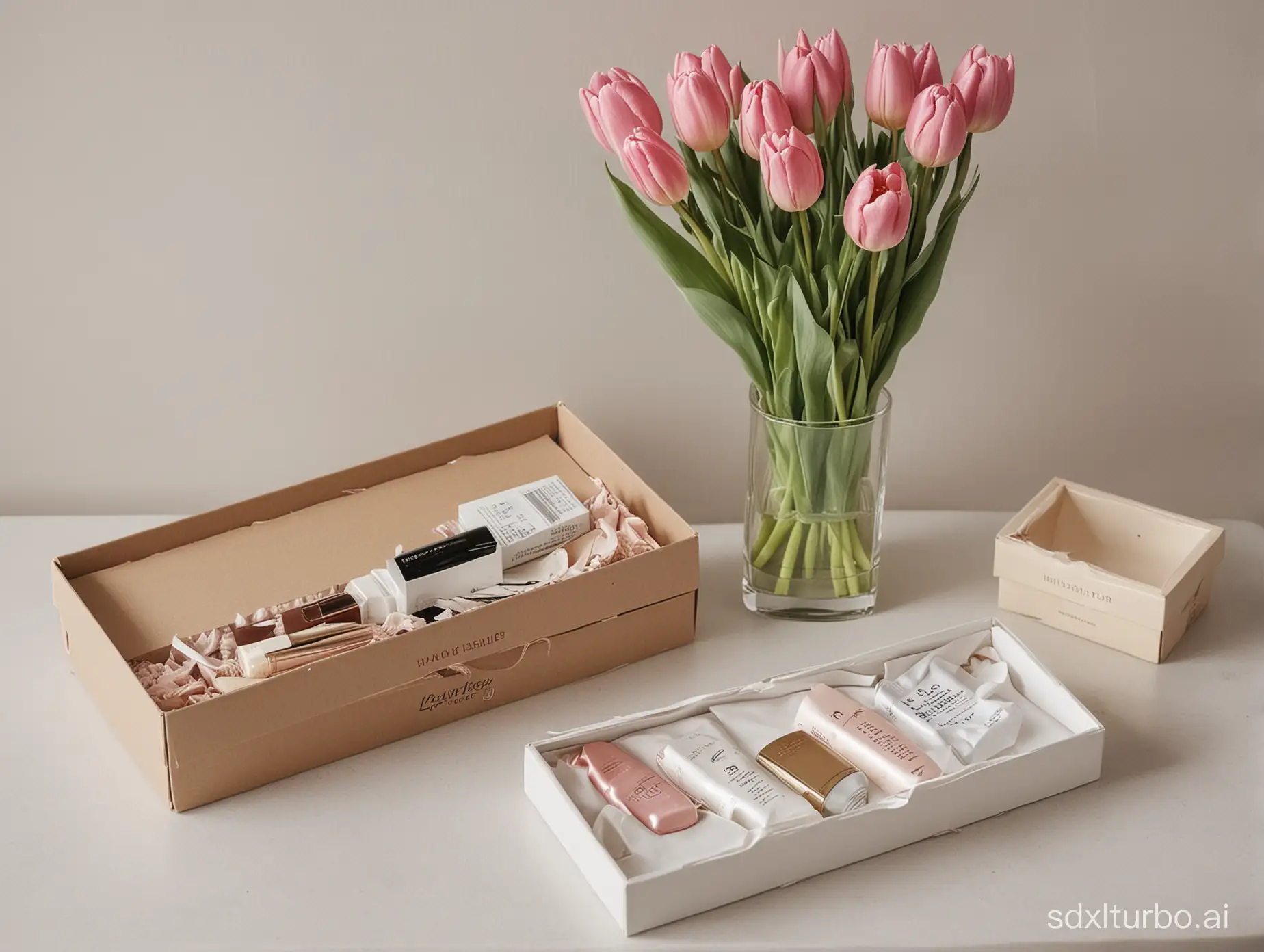 Rectangular dressing table top, with a tulip bouquet on the left, everyday cosmetics on the right, and an unopened Mother's Day gift box.