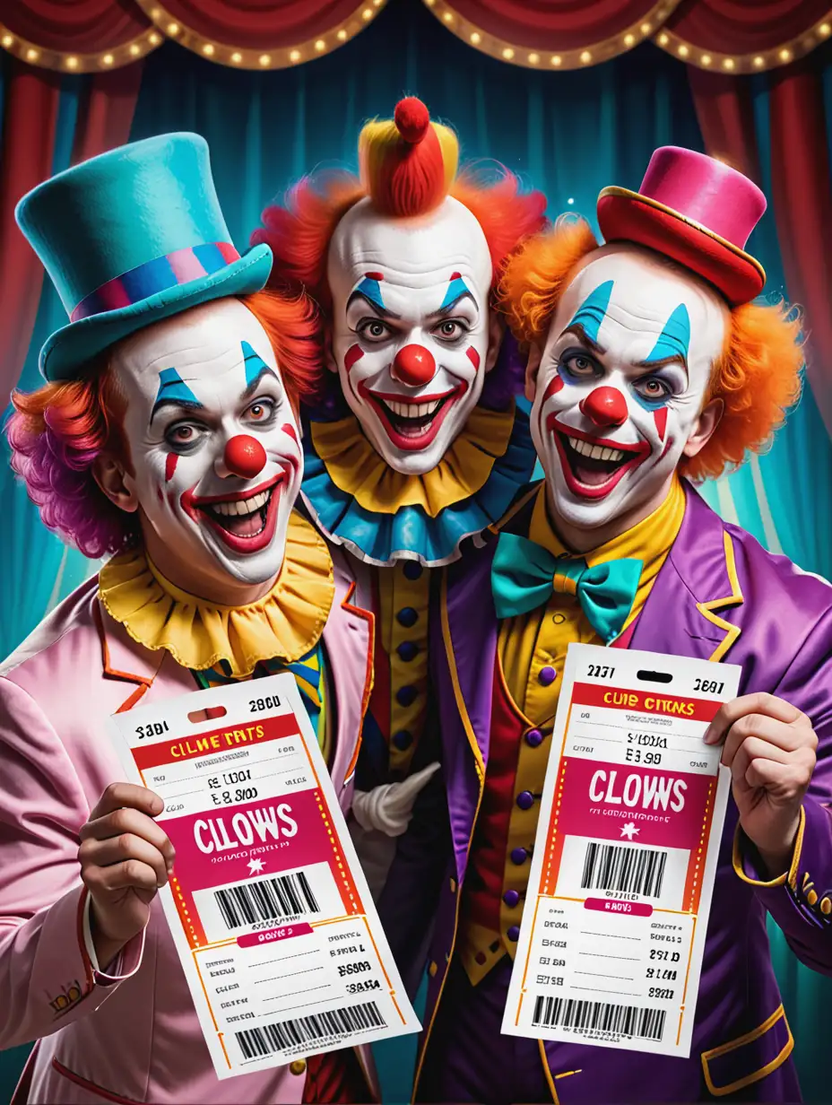 Create a digital art advertisement the clowns at the circus on a ticket. 