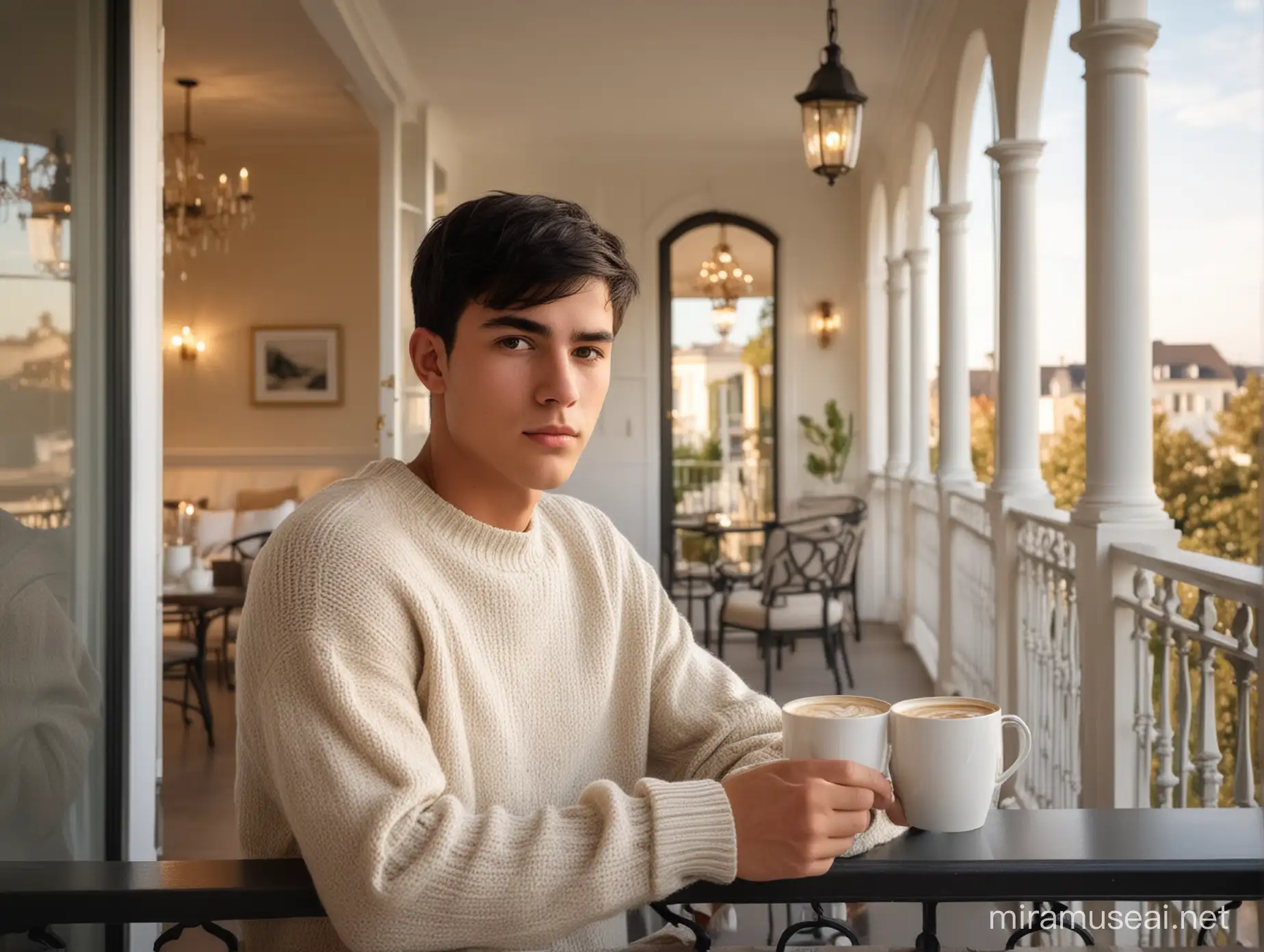 Stylish Teen Enjoying Coffee on Lavish Balcony Overlooking Luxurious Estate