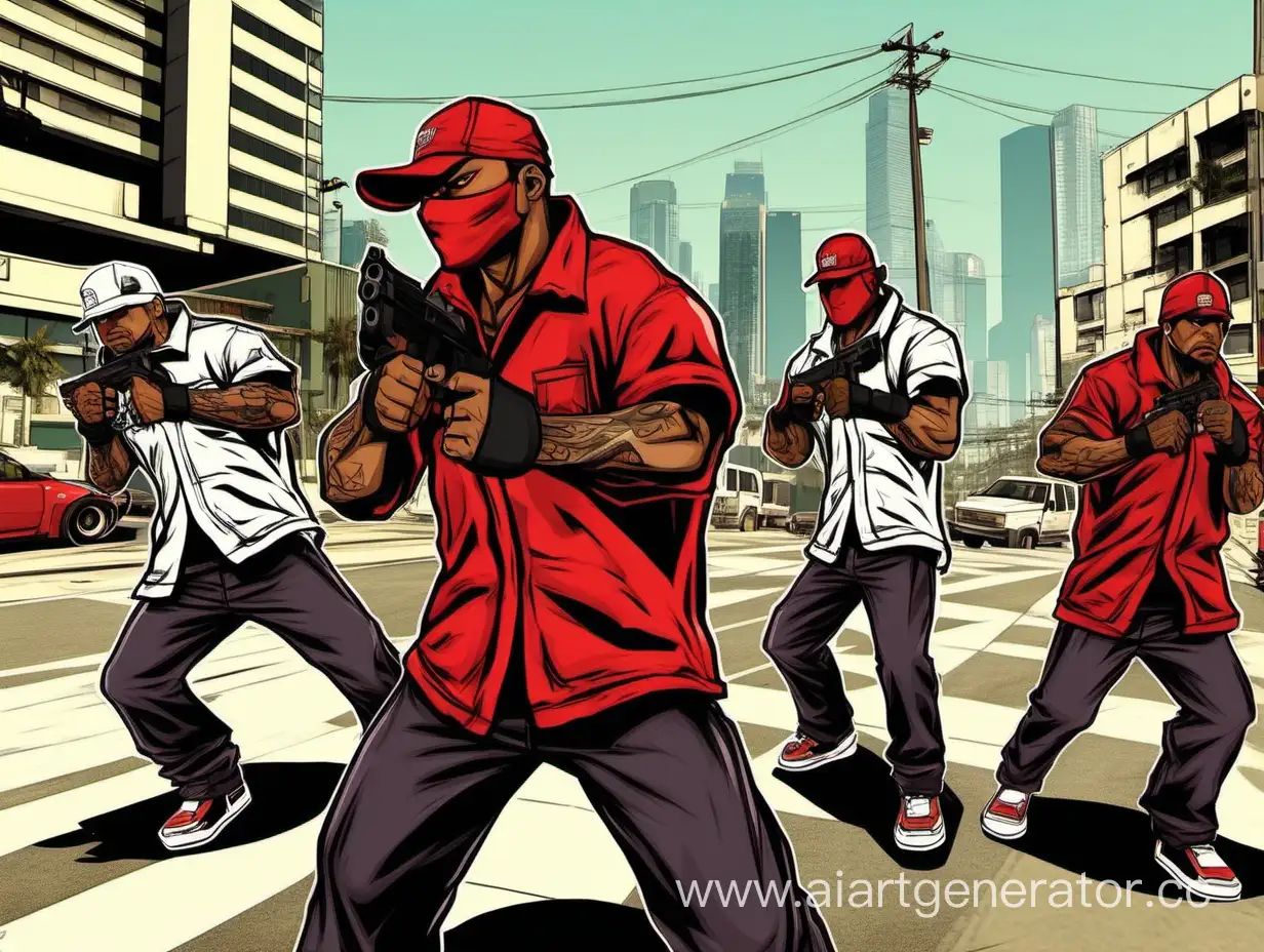 Бойцы  Клана Yamazaki в красно-белой экипировке воюют в городе Лос-Сантос из игры Grand Theft Auto 5. Нарисуй в стилистике игры GTA