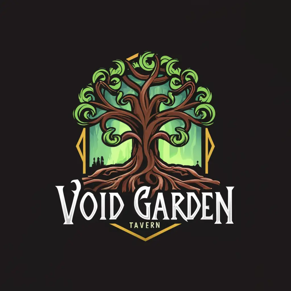 a logo design,with the text "Voidgarden", main symbol:tavern with a glooming tentacle magic tree inside it,Moderate,be used in Restaurant industry,clear background