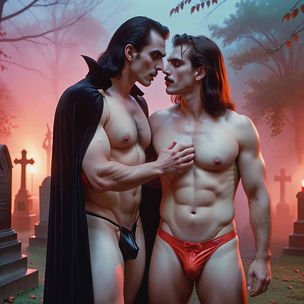 Sexy, beefy gay male horror scary hairy dracula vampires, cuddling, kissing each other, loving each other, sexing, homoerotic, wearing only thong speedo, spooky and eerie setting, fog, red lights, graveyard setting. 1980's movie, cinematic, dream like, 4K, detailed, vhs, 