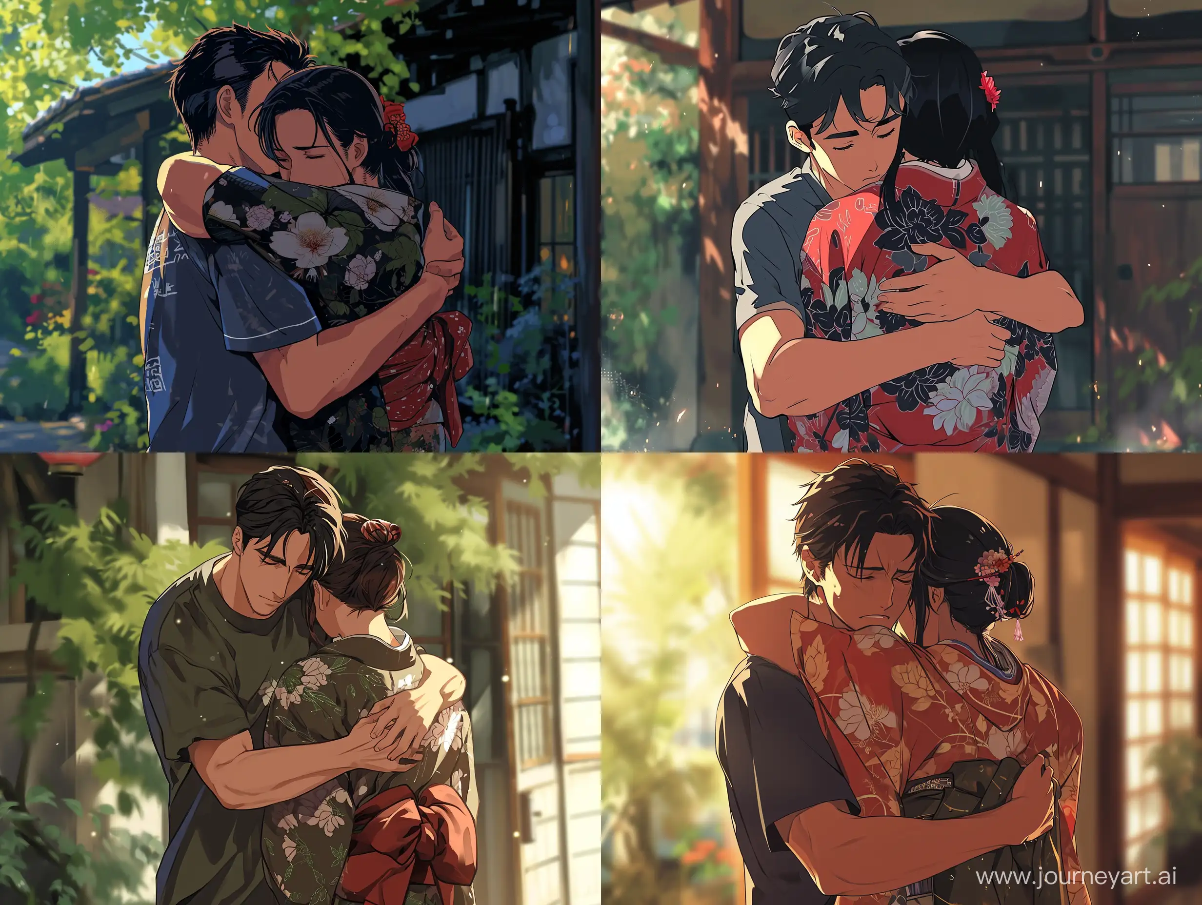 Embracing-Love-Anime-Couple-in-TShirt-and-Kimono-Hug-Tightly