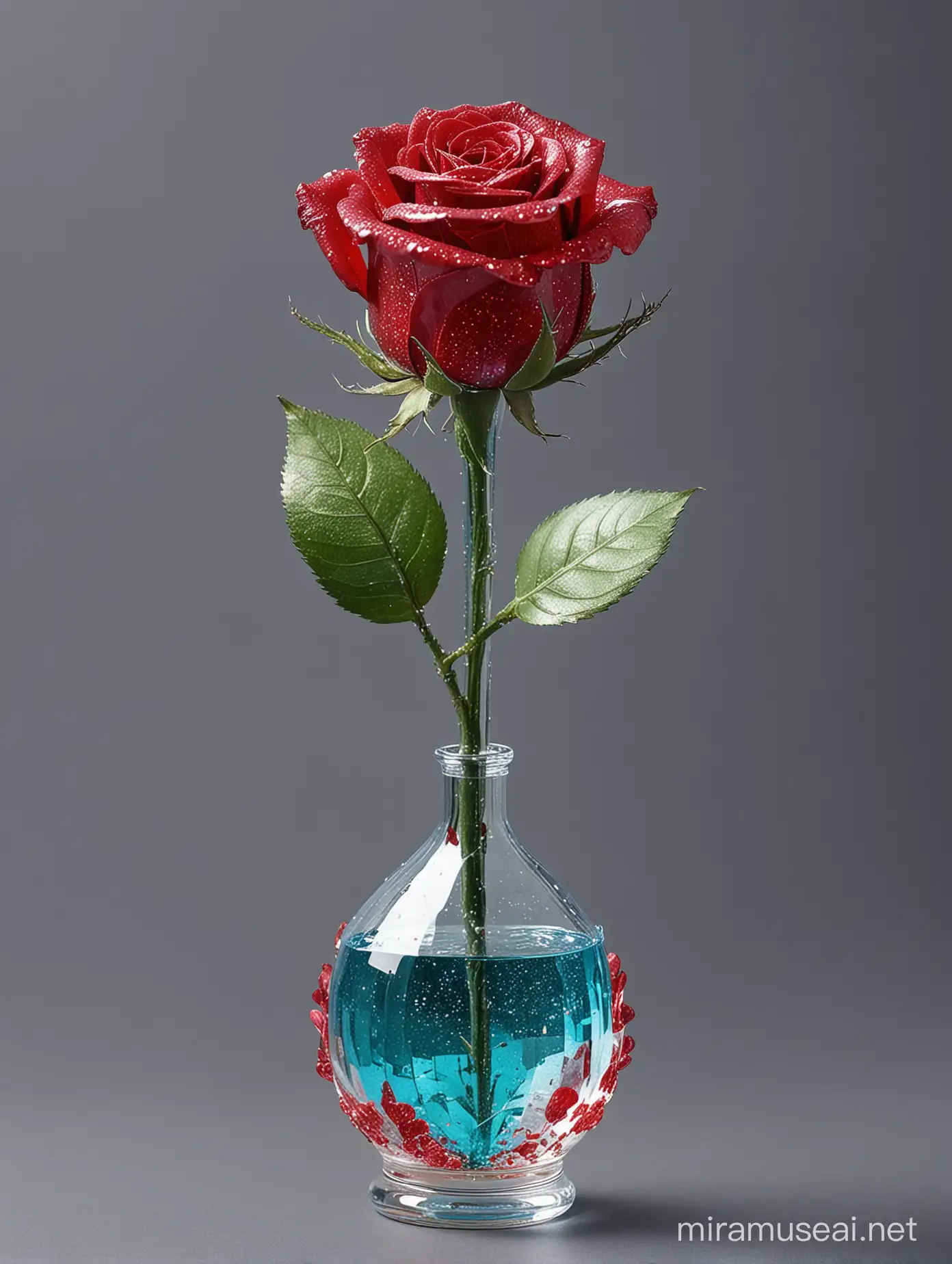 A rose of red transparent crystal glitters,
Its leaves are slightly turquoise colored but transparent, the stem is bluish and transparent. The rose is in a crystal vase with water in it.