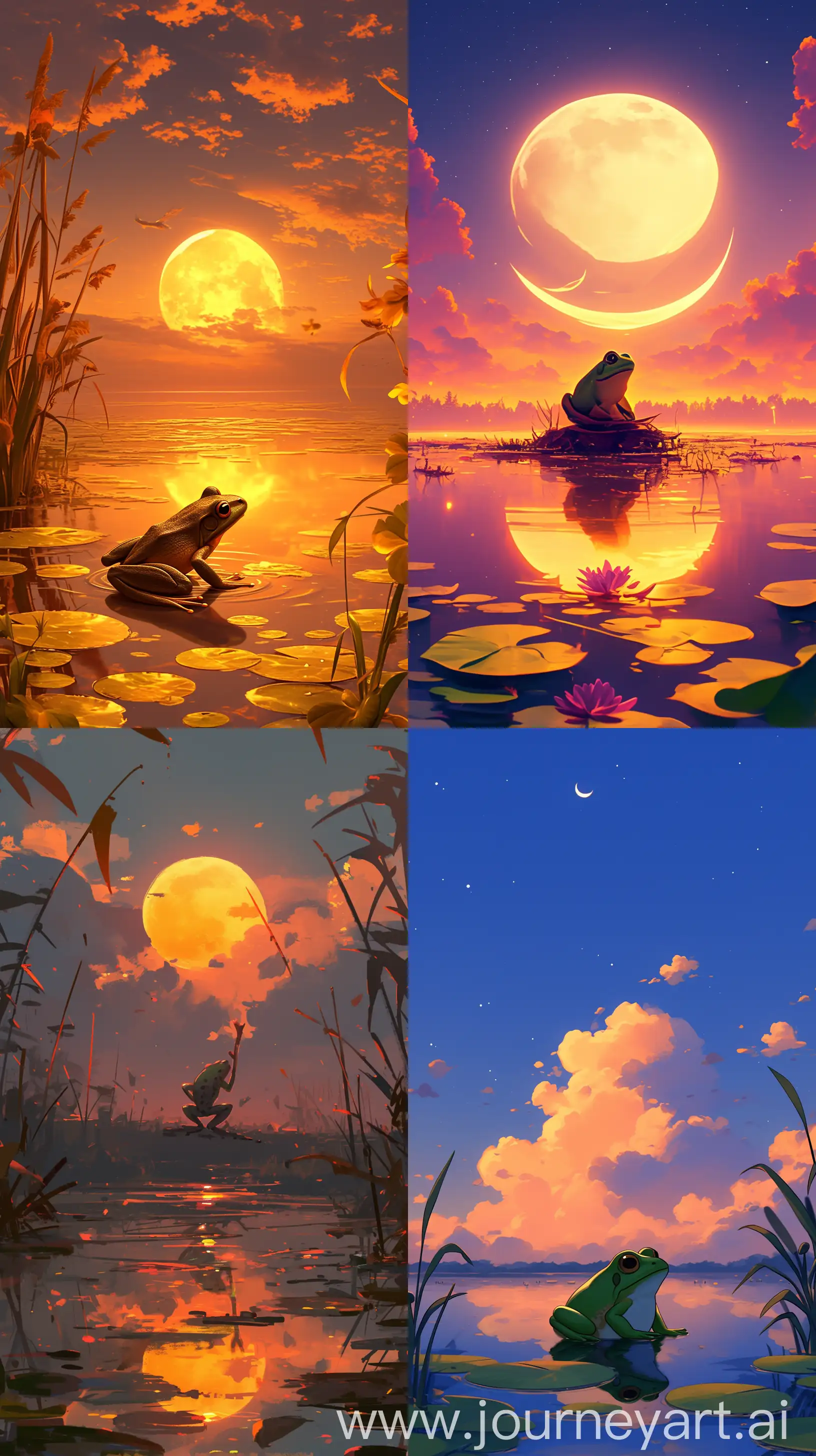 Serene-Moonlit-Lake-with-Frogs-at-Sunset
