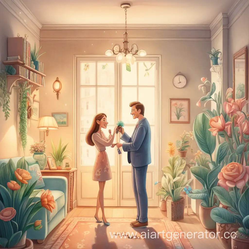 Joyful-Moment-Man-Gifting-Keys-to-Woman-in-Mystical-Florafilled-Apartment