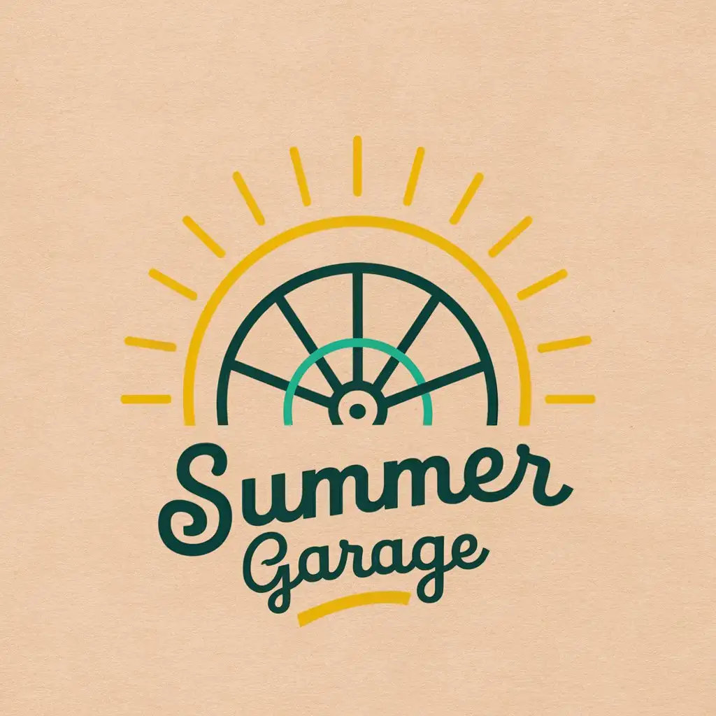 Erstelle ein Logo, das einen einfachen Sonnenaufgang hinter einem Zahnrad zeigt. VErwende HElle sommerliche Farben mit einem Neutralen Hellen Hintergrund. Als Text soll Summer Garage stehen.