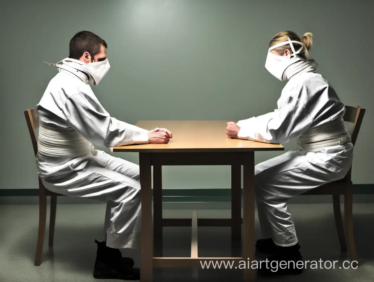 два больных в смирительных рубашках сидит за столом, сидят друг напротив друга