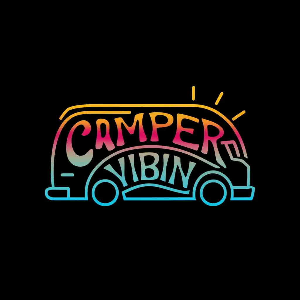 a logo design,with the text "Camper Vibin", main symbol:a sleek camper van silhouette with dynamic, swirling psychedelic patterns filling its body. The colors are bright and vibrant, representing the psychedelic theme. The camper van is adorned with intricate designs reminiscent of live edge wood, adding a touch of natural luxury. Cool, neon-like lighting elements outline the edges of the camper van, adding to the overall dynamic feel of the logo. The company name is written in bold, modern font within the camper van saying "camper vibin" and a slogan below in small letters saying "Zen in style".