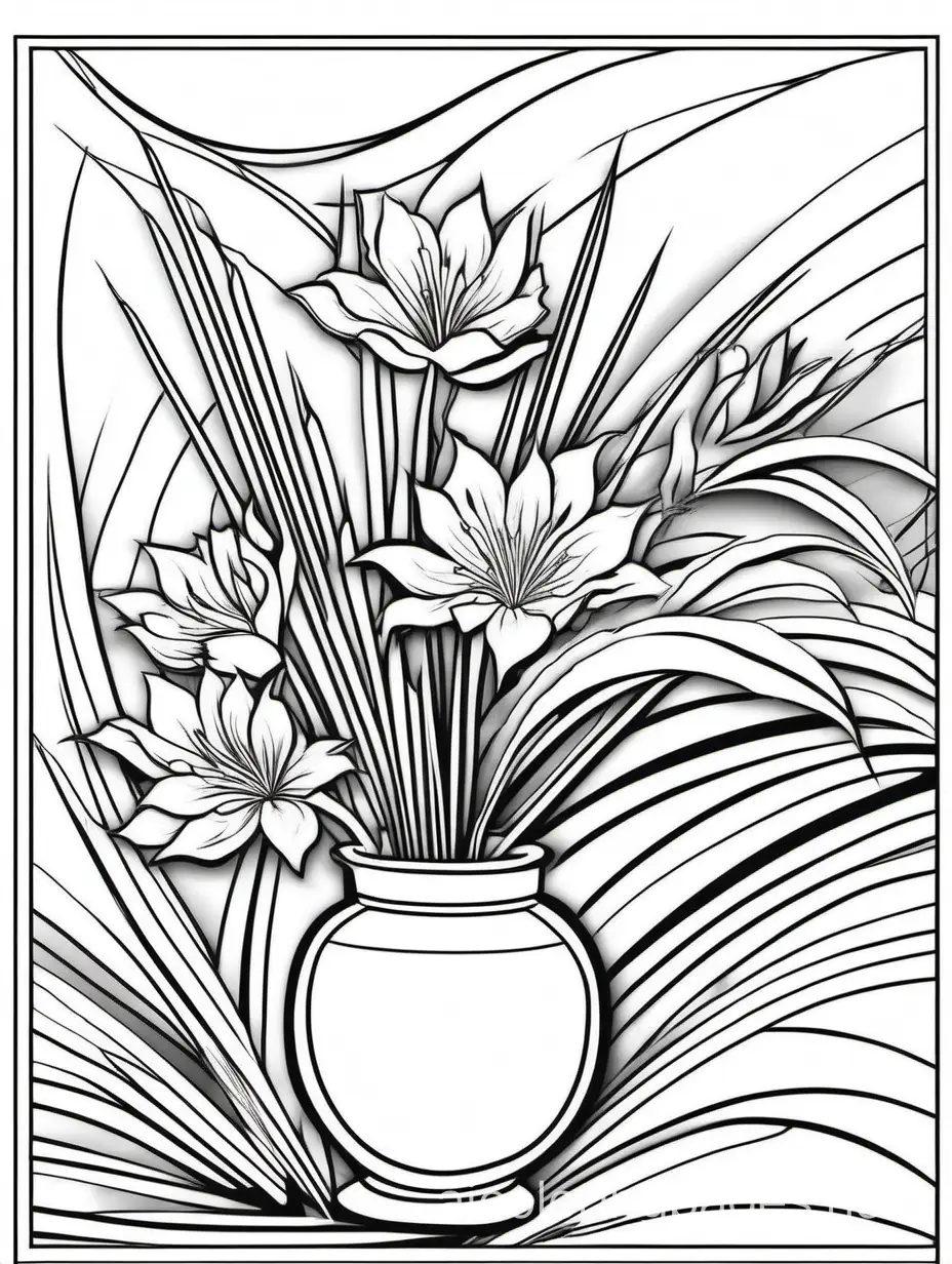 Japanese ikebana, elegant illustration,  very attractive, high detail, expressionism, Cubism, Coloring Page, black and white, line art, white background, Simplicity, Ample White Space. The background of the coloring page is plain white to make it easy for young children to color within the lines. The outlines of all the subjects are easy to distinguish, making it simple for kids to color without too much difficulty
