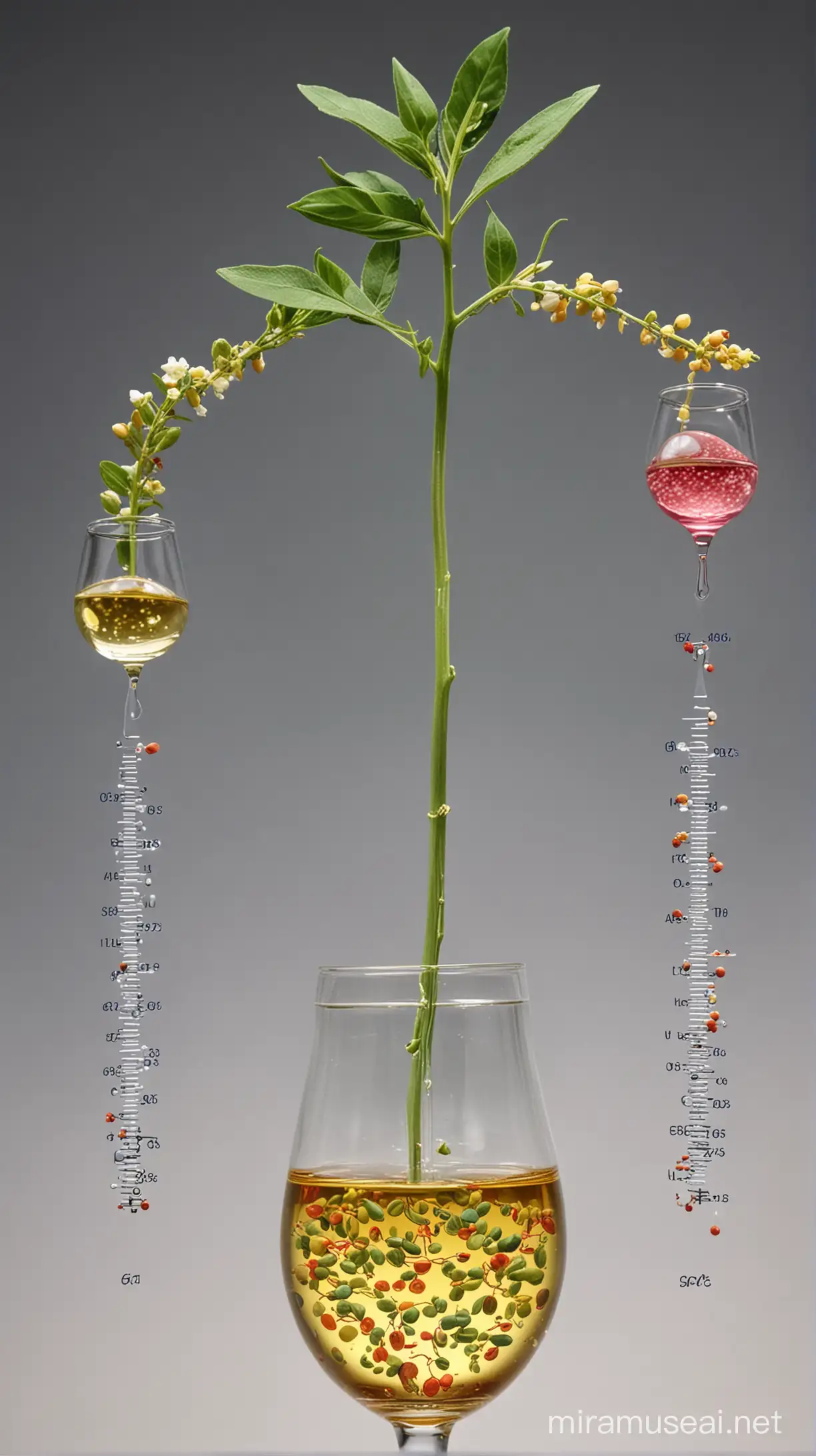 Scene illustrating the stimulating effect of estrogen in women's urine on seed growth: A visual representation from a scientific perspective, showing how estrogen molecules in women's urine stimulate seed germination. Chemical reactions and processes occurring at the molecular level are depicted visually.


