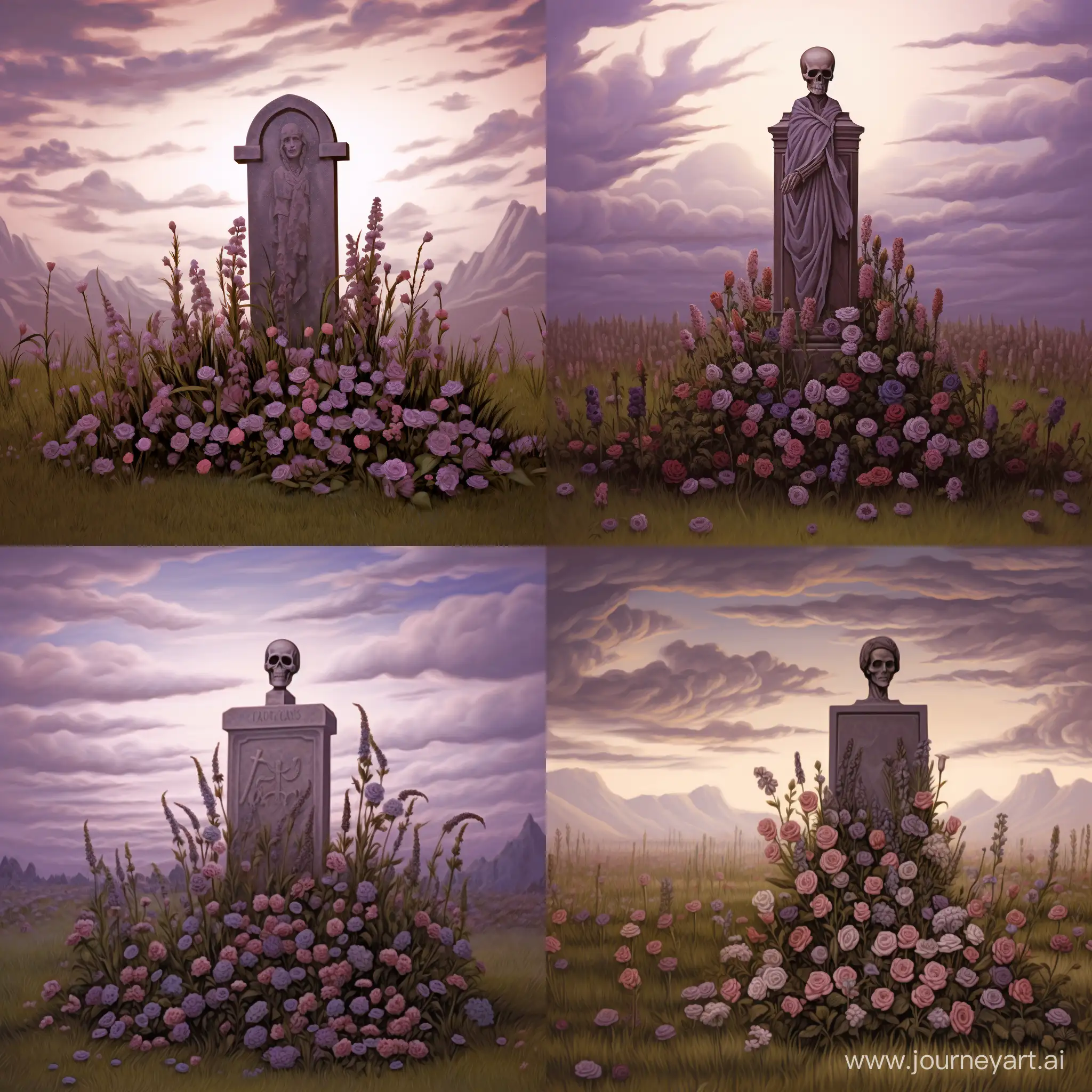 Mummy-Strolling-Amidst-Vibrant-Meadow-Flowers-under-Purple-Sky
