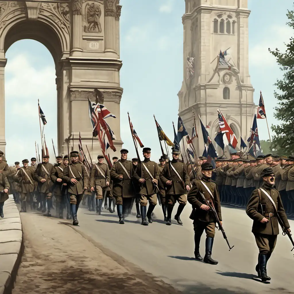 Recreate the same picture in detail, make it look vintage from 1914, realistic, soldiers with rifles and flags marching on foot. 