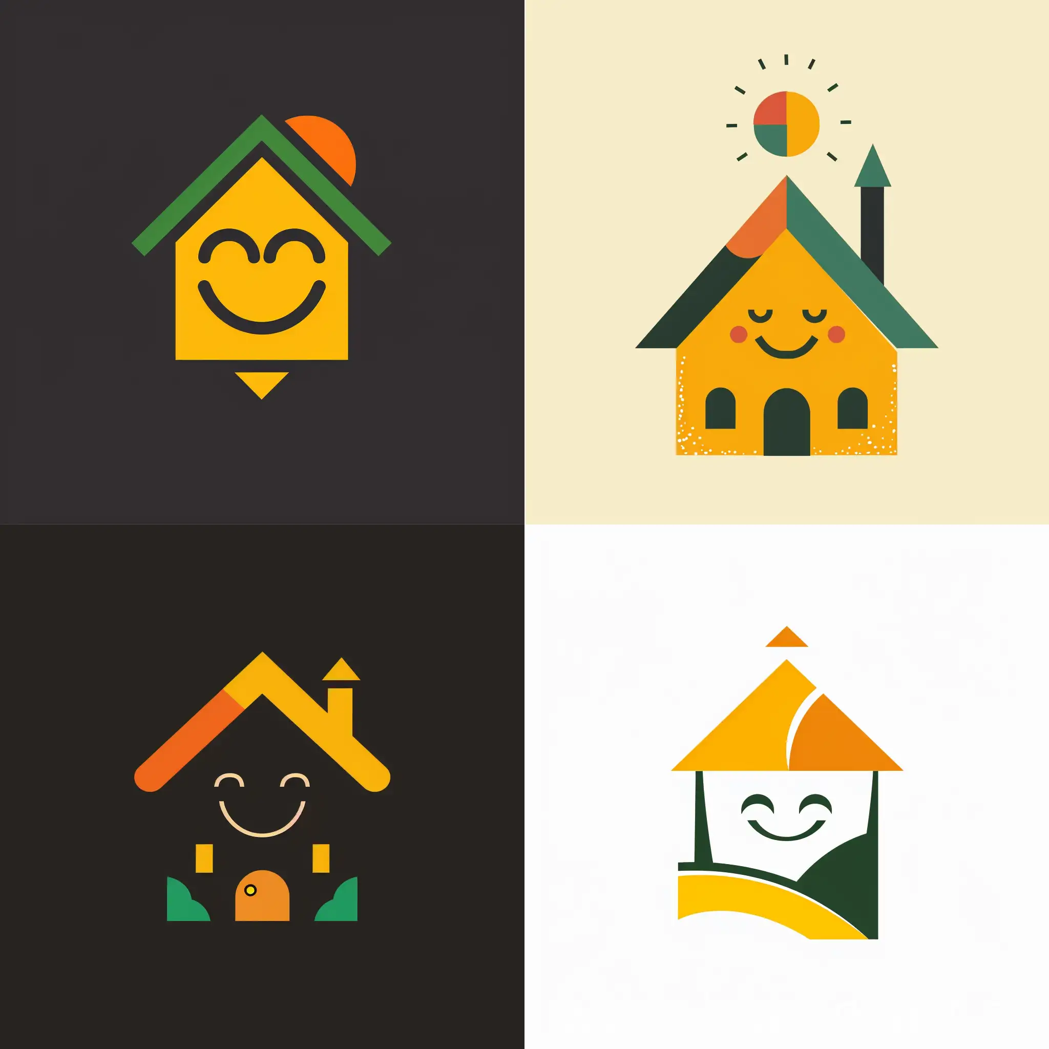 Logo: minimalistic house without details, without shadows, smile on a house without eyes, strict style, accent on the roof, yellow, orange, green colors