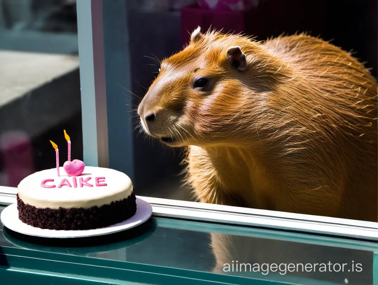 a sad capybara standing in a store window looking at a cake she can't buy.