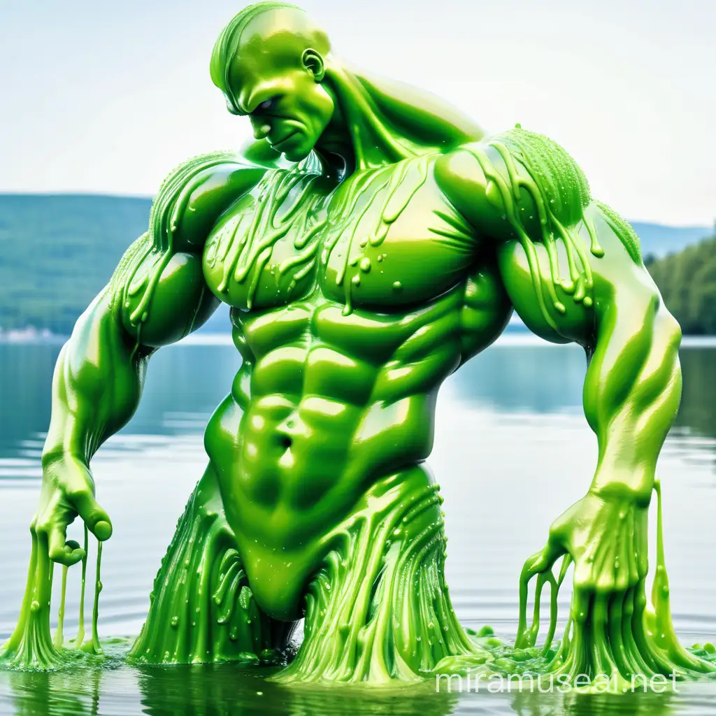 Algaecovered Muscular Slime Body by a Serene Lake