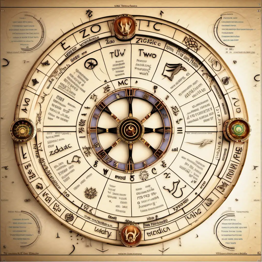 two zodiac wheel  mc. information page on white paper with text 