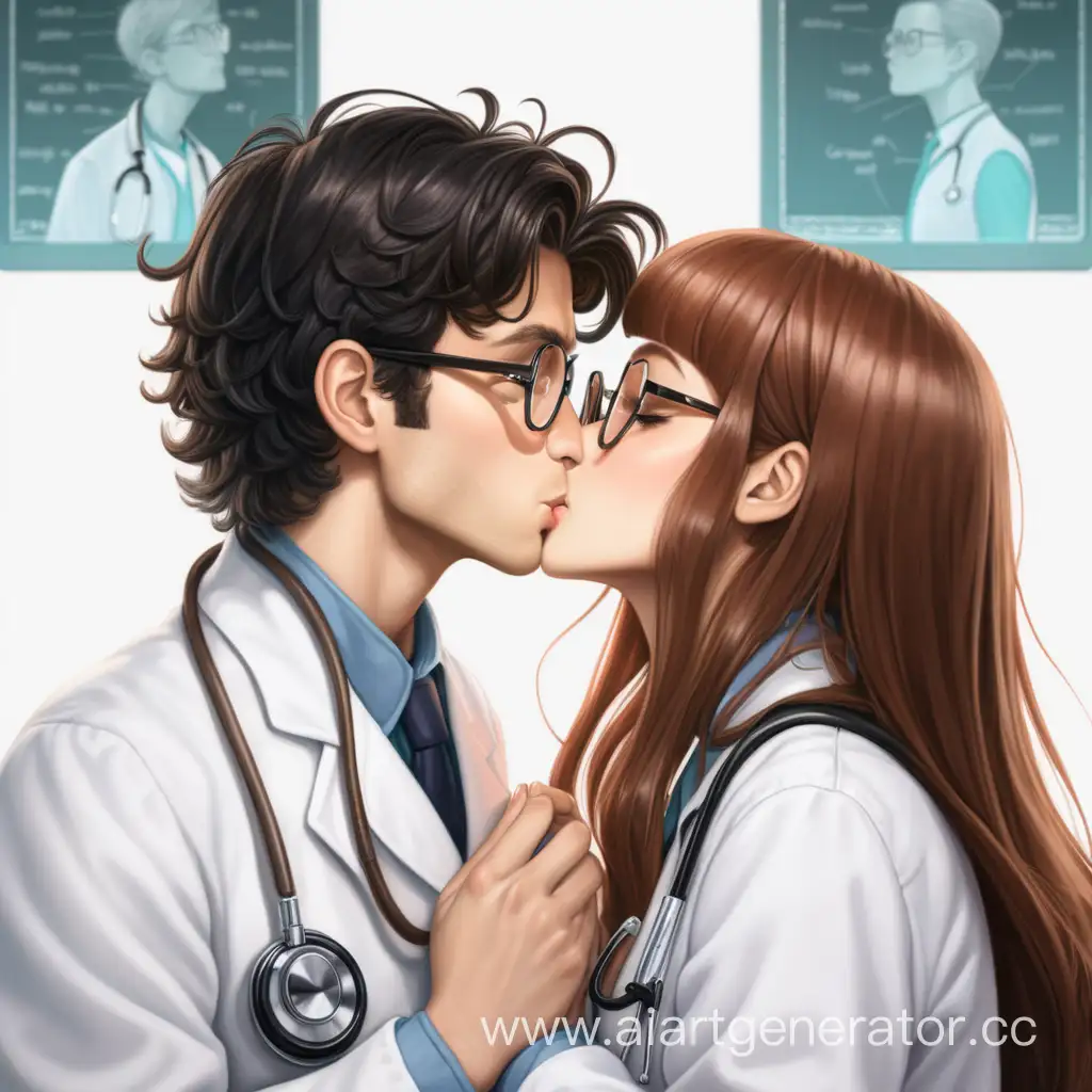 два врача целуются, у девушки длинные каштановые волосы, у парня короткие черные волосы и очки