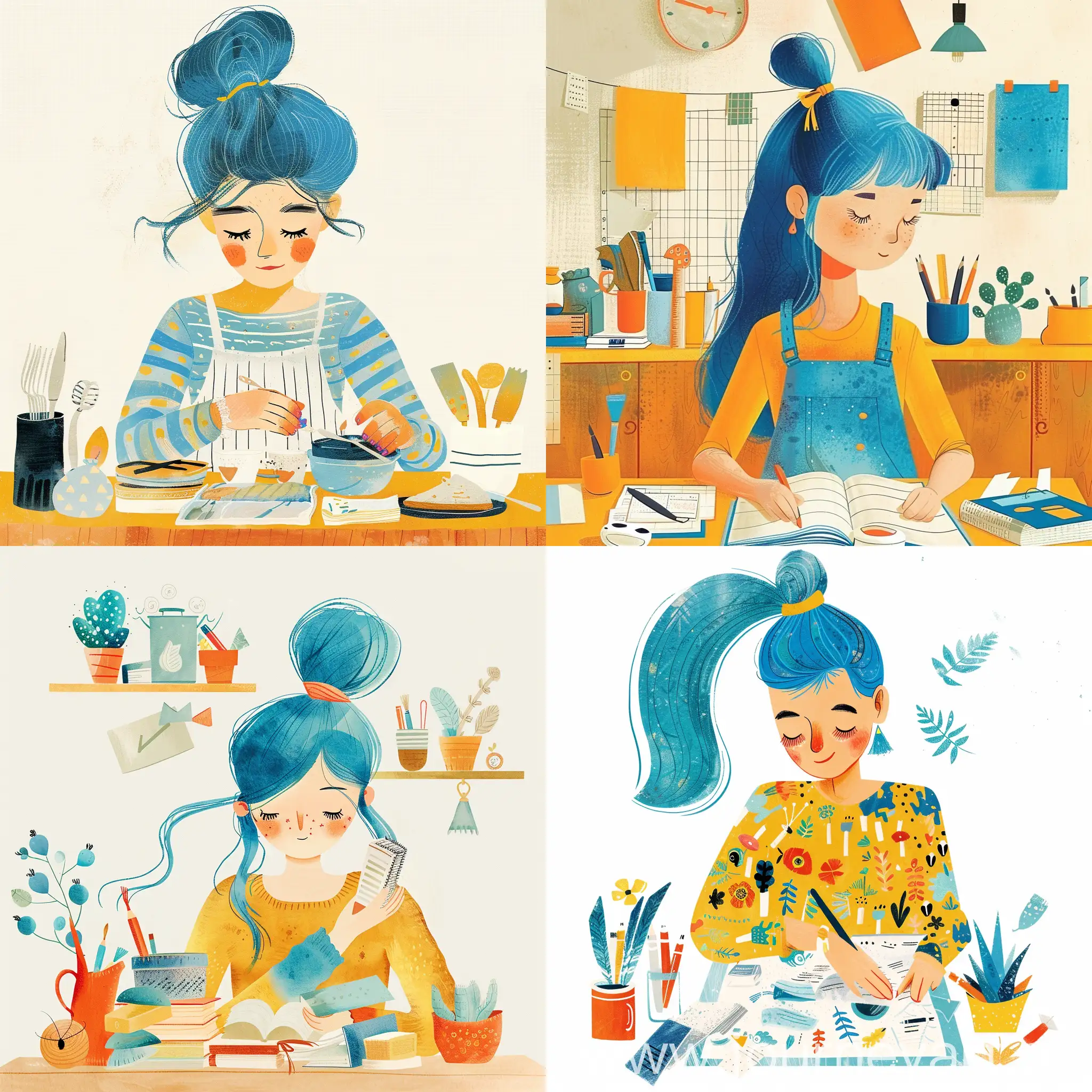 illustration of a gwoman with blue hair who is working onm tasks, children’s book illustration, whimsical and simple illustration aesthetic, bright colors, in the style of Clémence Guillemaud