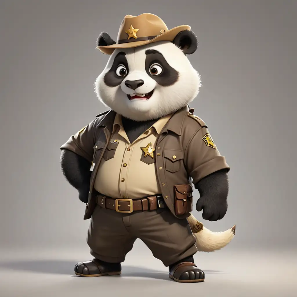 a happy panda in cartoon style in full body with  sheriff clothes with clear background