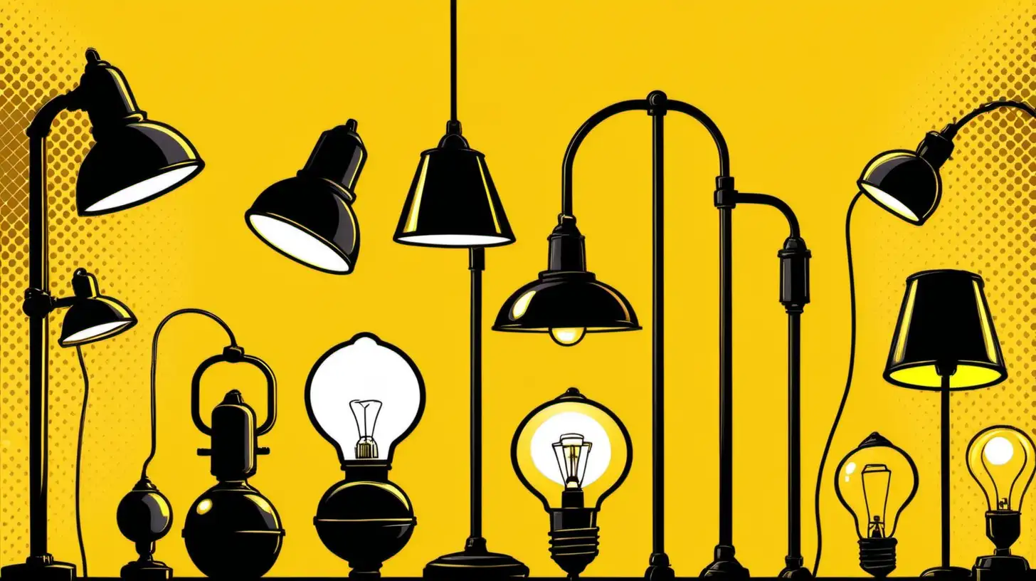Vibrant ComicStyle Banner Featuring Diverse Lamps in Yellow and Black