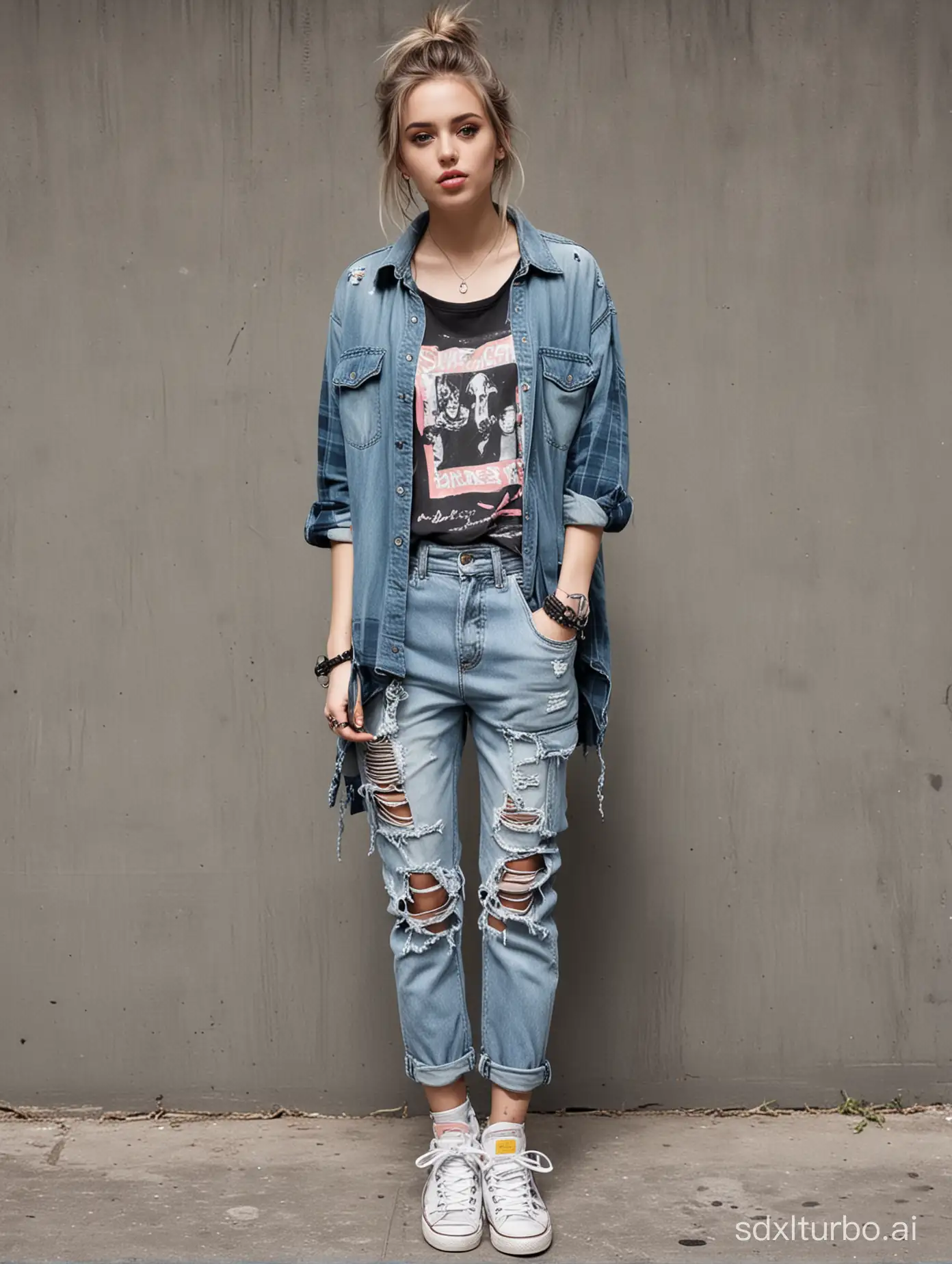 Girl portrait, styled by Pajaritito490. Line and ink color painting, 1 girl, solo, grunge fashion, distressed jean, oversized ripped flannel shirt layered over graphic band tee, cargo pants, worn-out sneakers paired with neon accent accessories, grey eyes, pale skin, look at viewer,