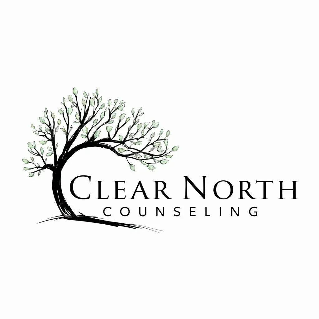 logo, Curved tree sketch to the left of the text with budding green leaves, white background, with the text "Clear North Counseling", typography
