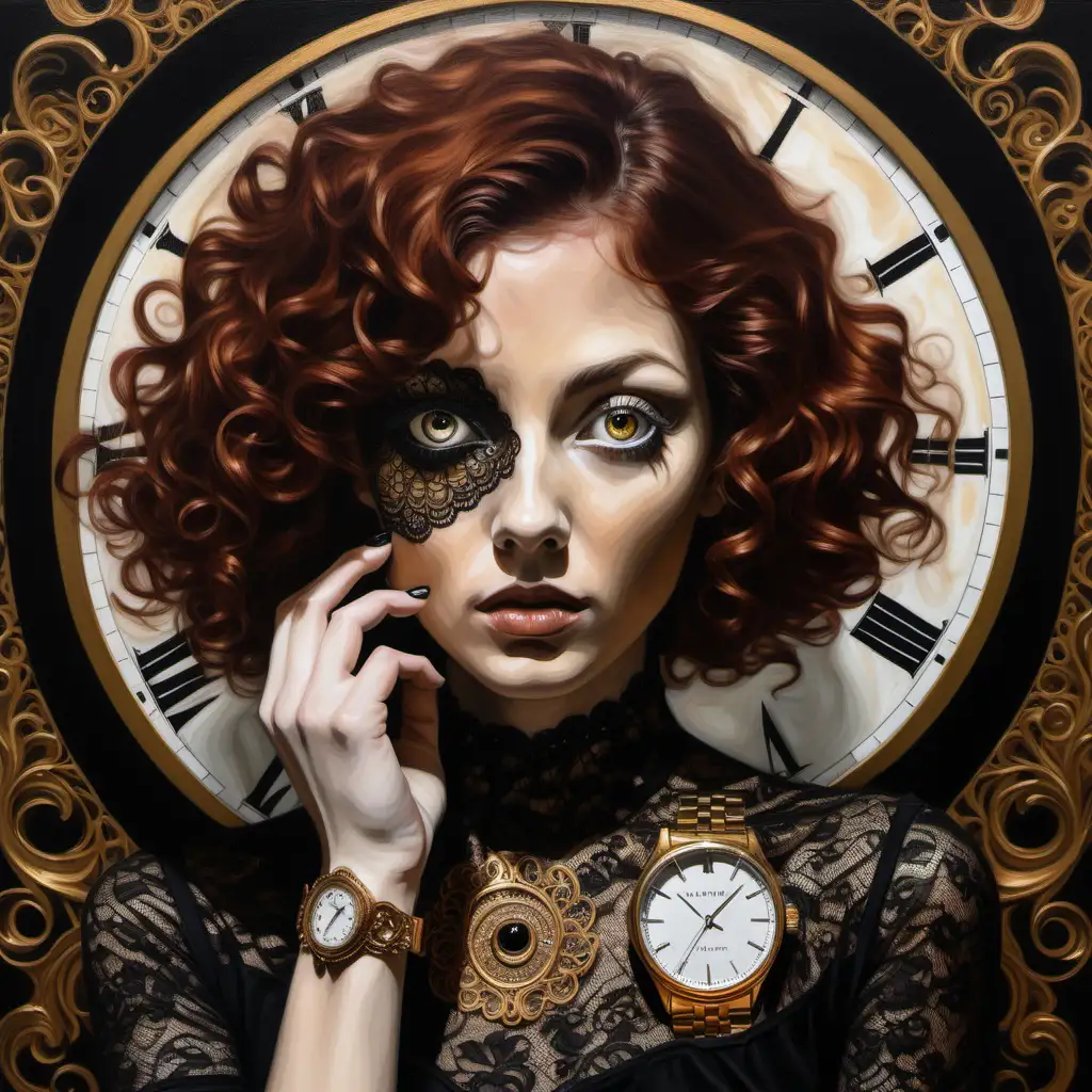 Surrealistic Portrait Woman with Watch Eye on Dark Gold Background