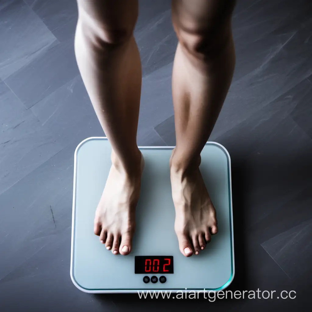 The girl stands on the scales, looking at her weight