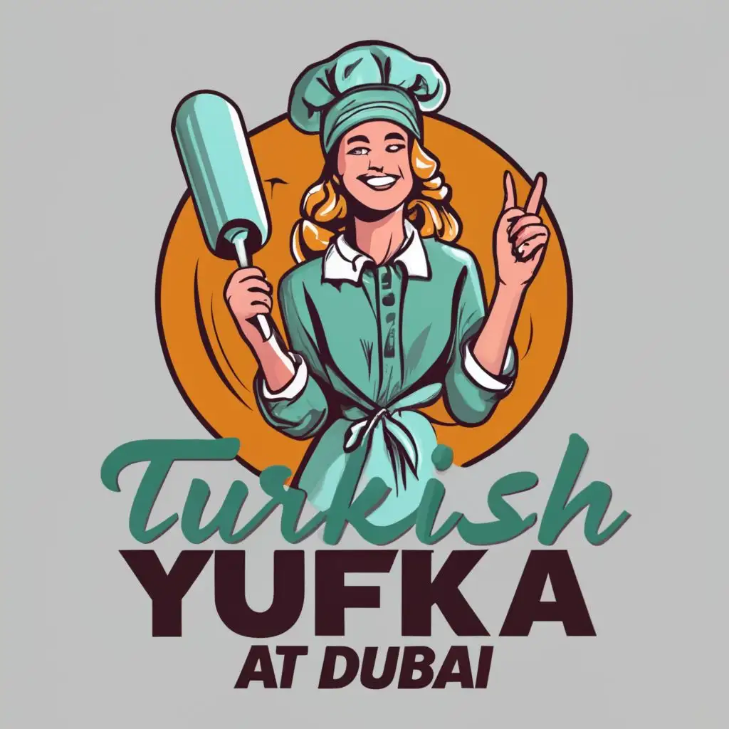 logo, A funny smiling blonde girl chief with rolling pin and hat showing to homemade phyllo with one hand and holding rolling pin with other hand white background, with the text "TURKISH YUFKA AT DUBAI", typography, be used in Restaurant industry