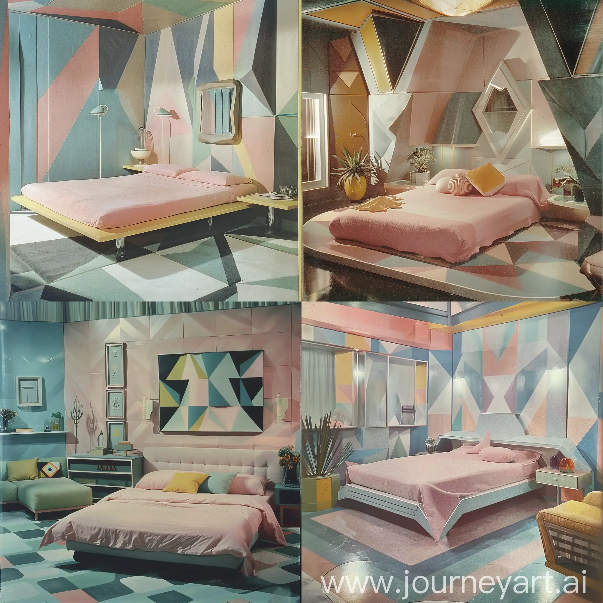 a room with geometric decor and a pastel pink bed, screengrab from 1960s movie