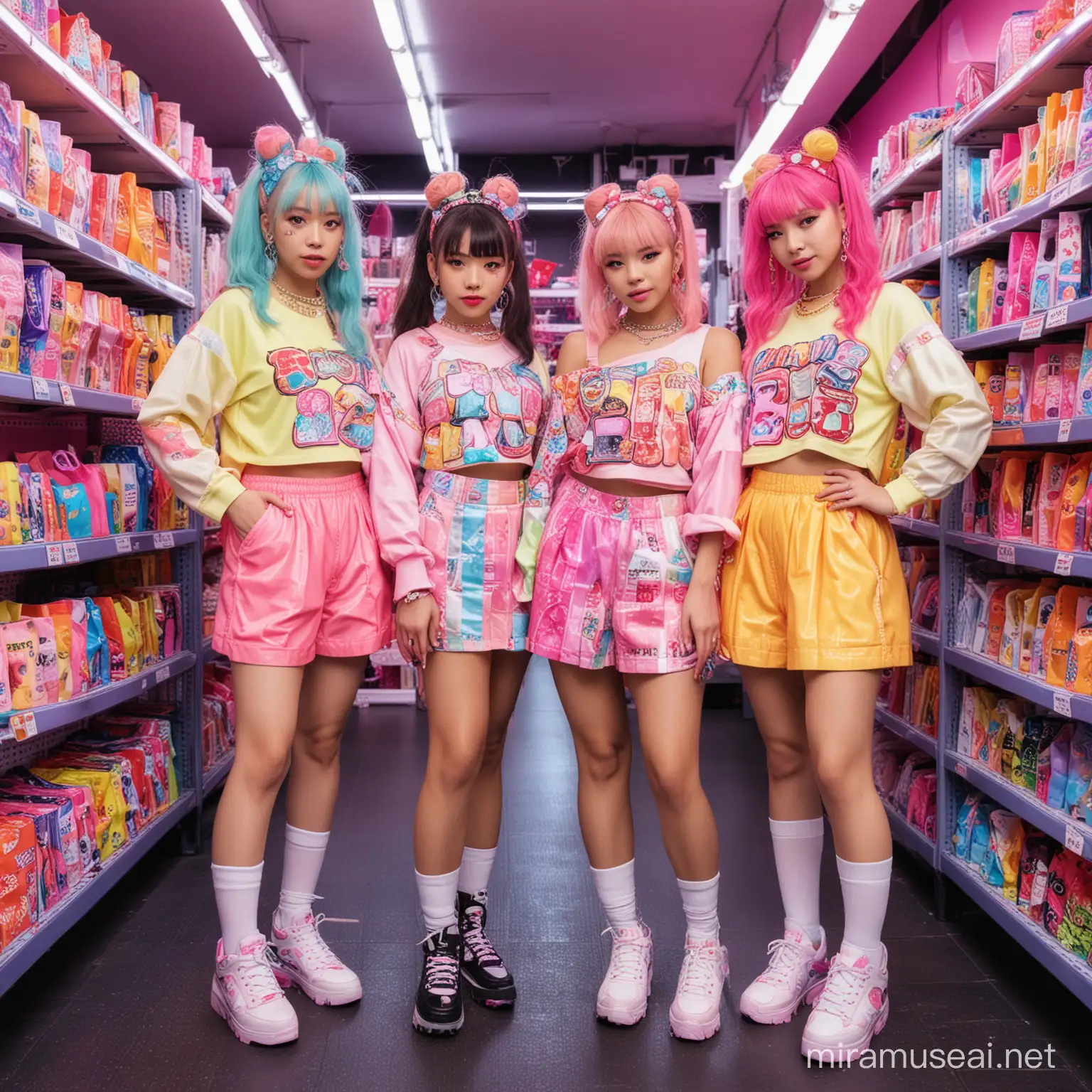 3 girls of differing races dressed in harajuku decora fashion style posing in front of racks of colorful neon clothing