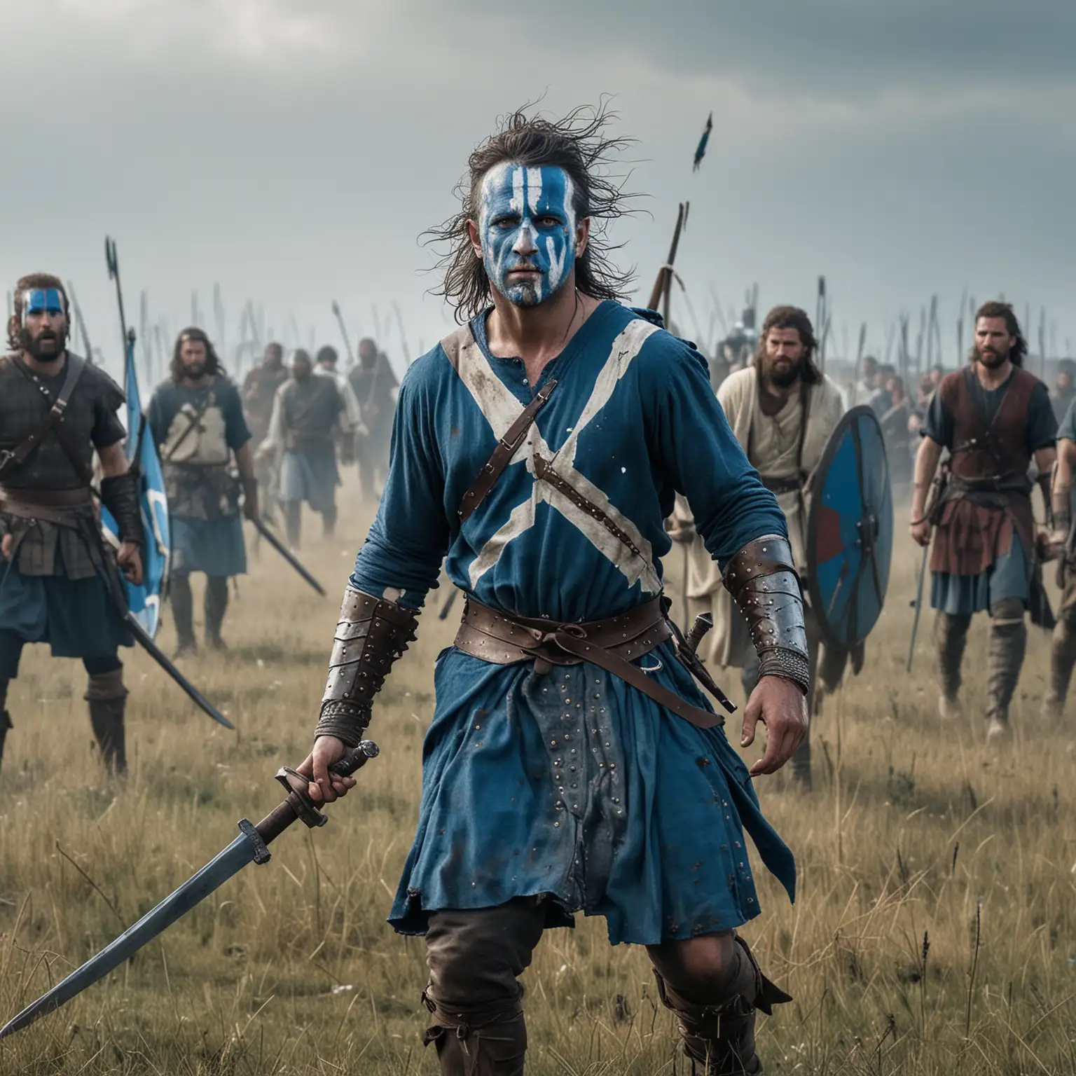 braveheart with white and blue warpaint in medieval battle across a field with men fighting in battle



