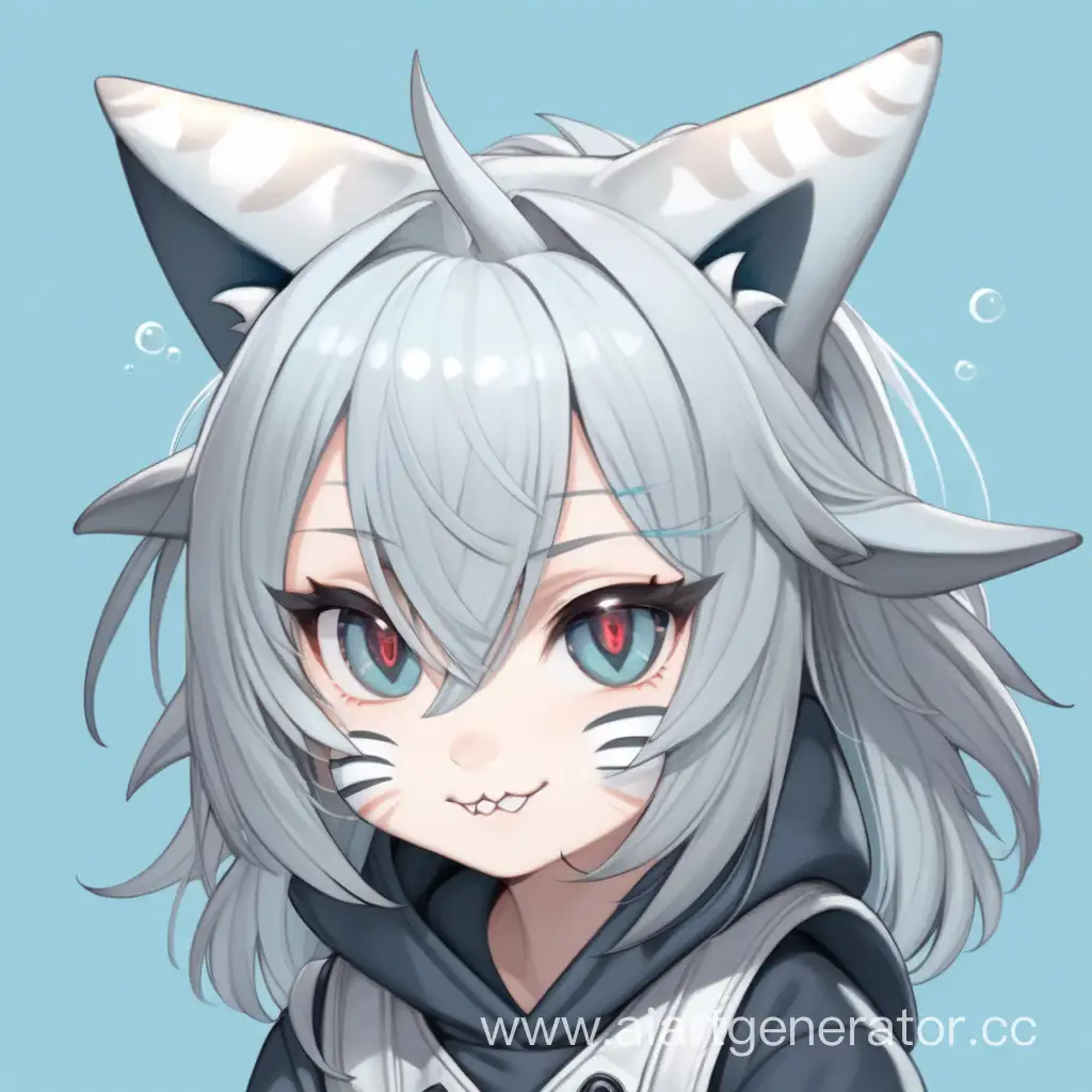 cute shark-cat girl with white eyes and hair