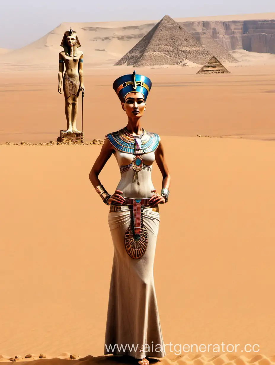 Мужик в пустыне Сахра и перед ним стоит Нифертити, их всего двое, первый это мужик который выглядит как среднестатистический мужчина из России, вторая женщина которая живая царица Древнего Египта, все они живые люди, не статуи, на рисунке никого кроме них и пустыни нету