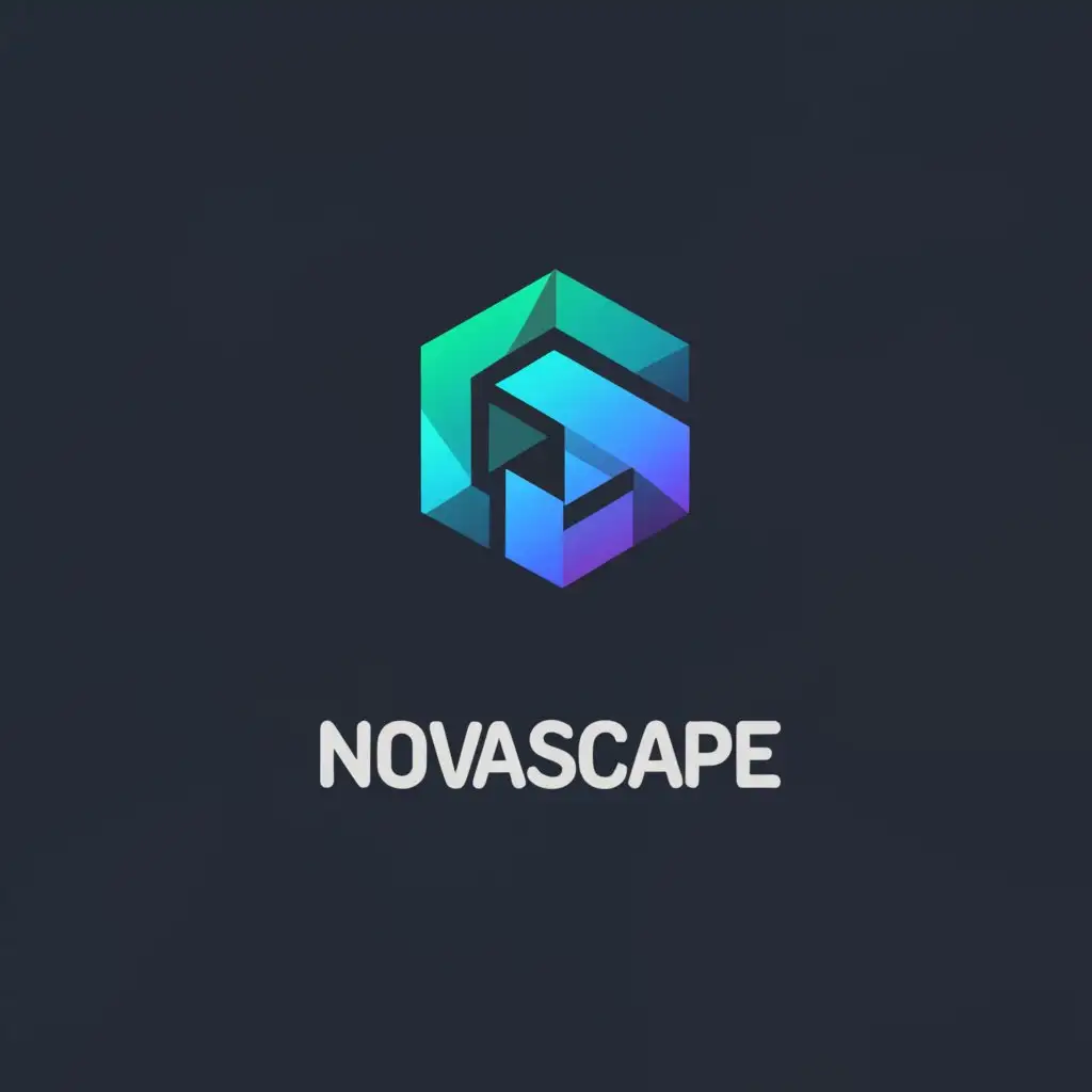 a logo design,with the text "NovaScape", main symbol:Sketch of an abstract symbol reflecting the freezing of creative players using blue and cyan colors, as well as a dark gray background:

This sketch features stylized geometric shapes that can be interpreted as pixels or abstract elements from games. The color scheme combines blue and cyan with a dark gray background to create contrast and draw attention to the symbol.,Минималистичный,be used in Другие industry,clear background