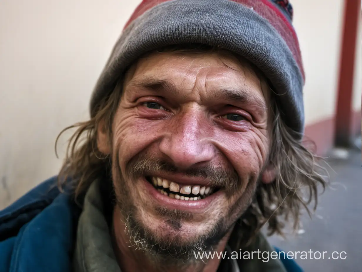 Russian homeless person, close-up face, stubble on the face, smile, few teeth, hat,