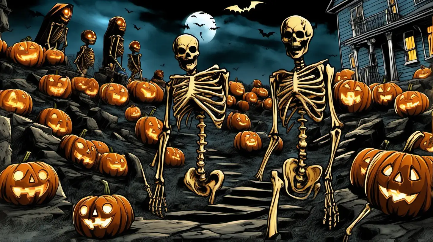 image showing halloween,Jack-o'-lantern,night,horror scene ,human skeletons,horrifying characters watching from behind,horror night