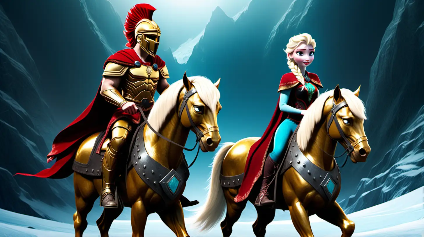 elsa frozen on horse, with strong spartan man wearing a golden spartan helmet and red mohawk