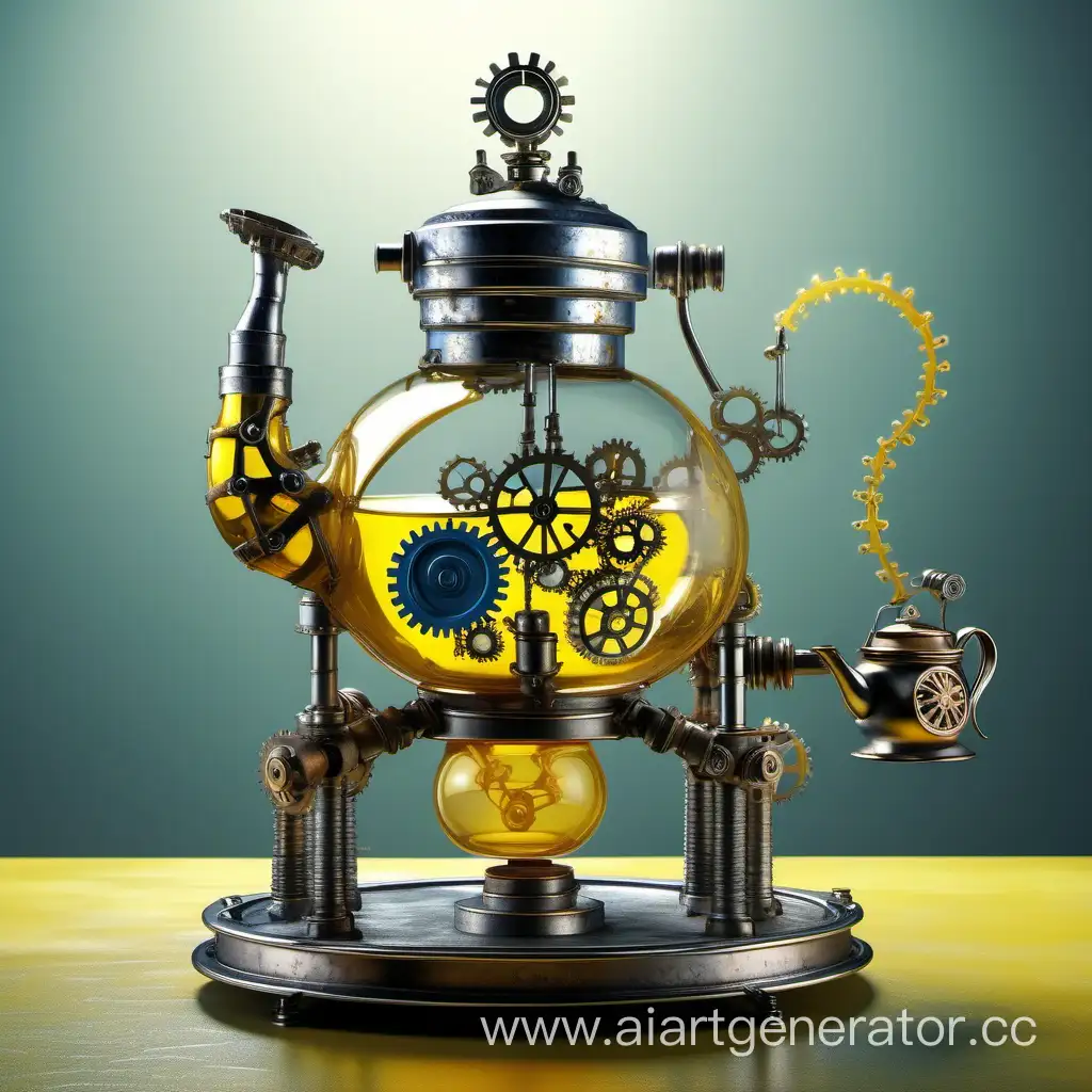 Steampunk-Glass-Vessel-with-Teapot-Spout-and-Gears-in-YellowBlue-Color-Scheme