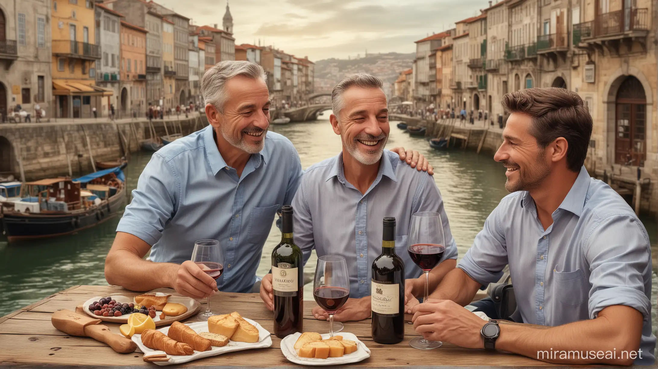 dreamy hyper realistic vacation picture with a dad celebrating his 60th birthday and his two sons in Porto, Lisbon with lots of port wine