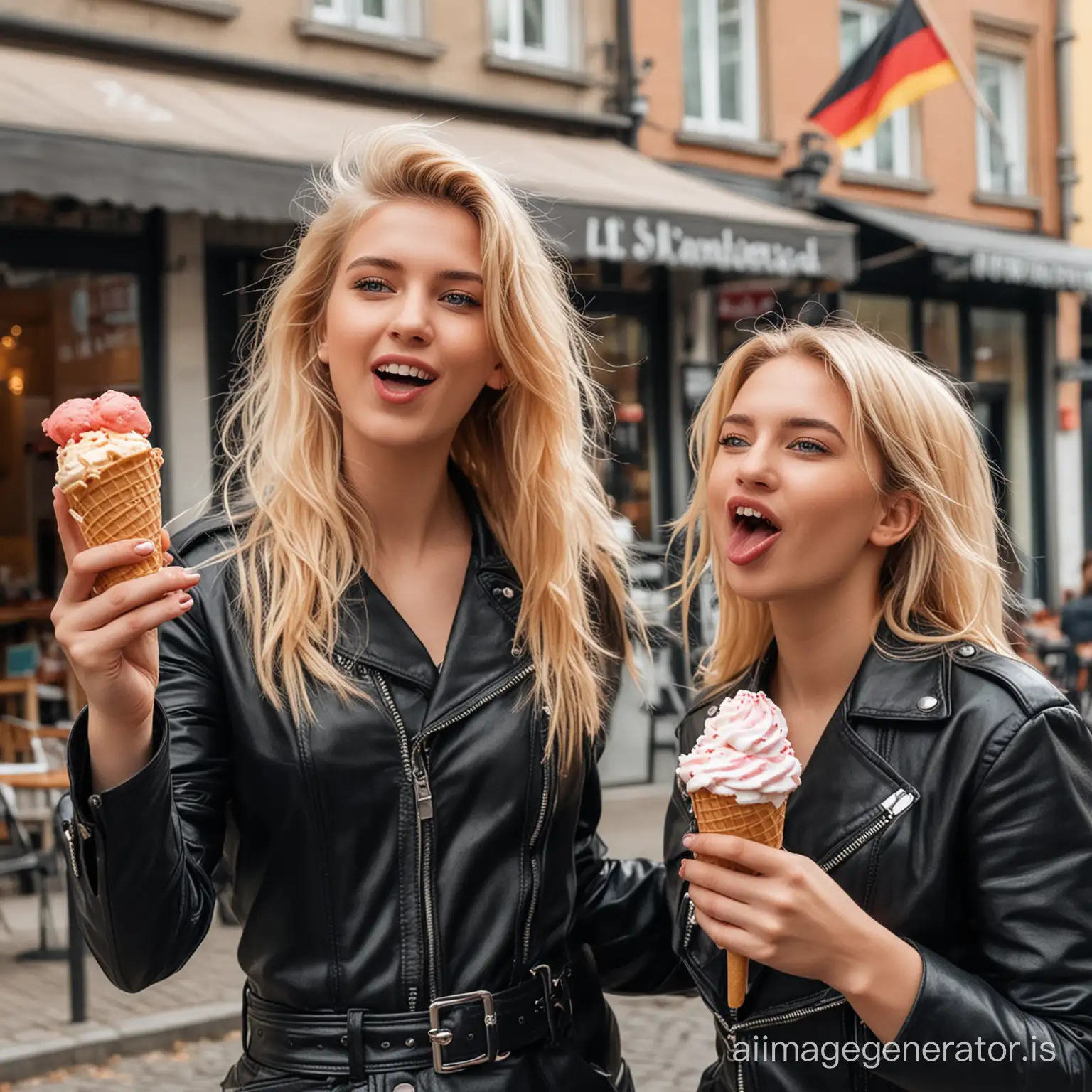 Two girls with short blonde. full hair with red streaks, dressed in black leather outfit, with cowboy boots on, are standing in front of a German “Eis Café” in the City of Berlin. In the backdrop a German Flag is waving in the wind. Both girls, face to face to each other, are holding in their hands a single ice cone, licking Ice Cream. One Girl is holding a mobile phone in one hand and making a selfie of both of them.