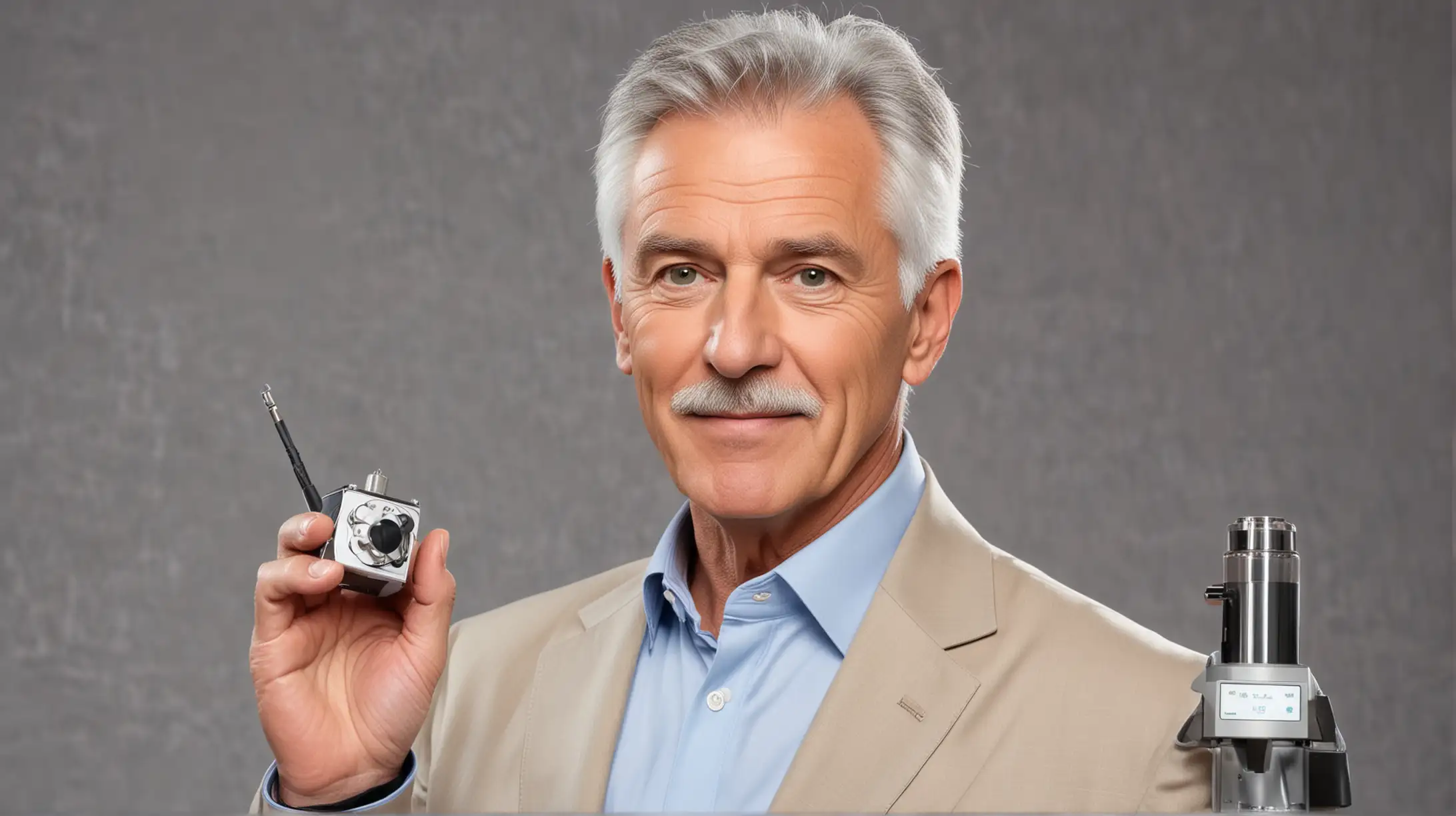 Attractive white older man tv host silver fox holding small air ionizer. On tv station.