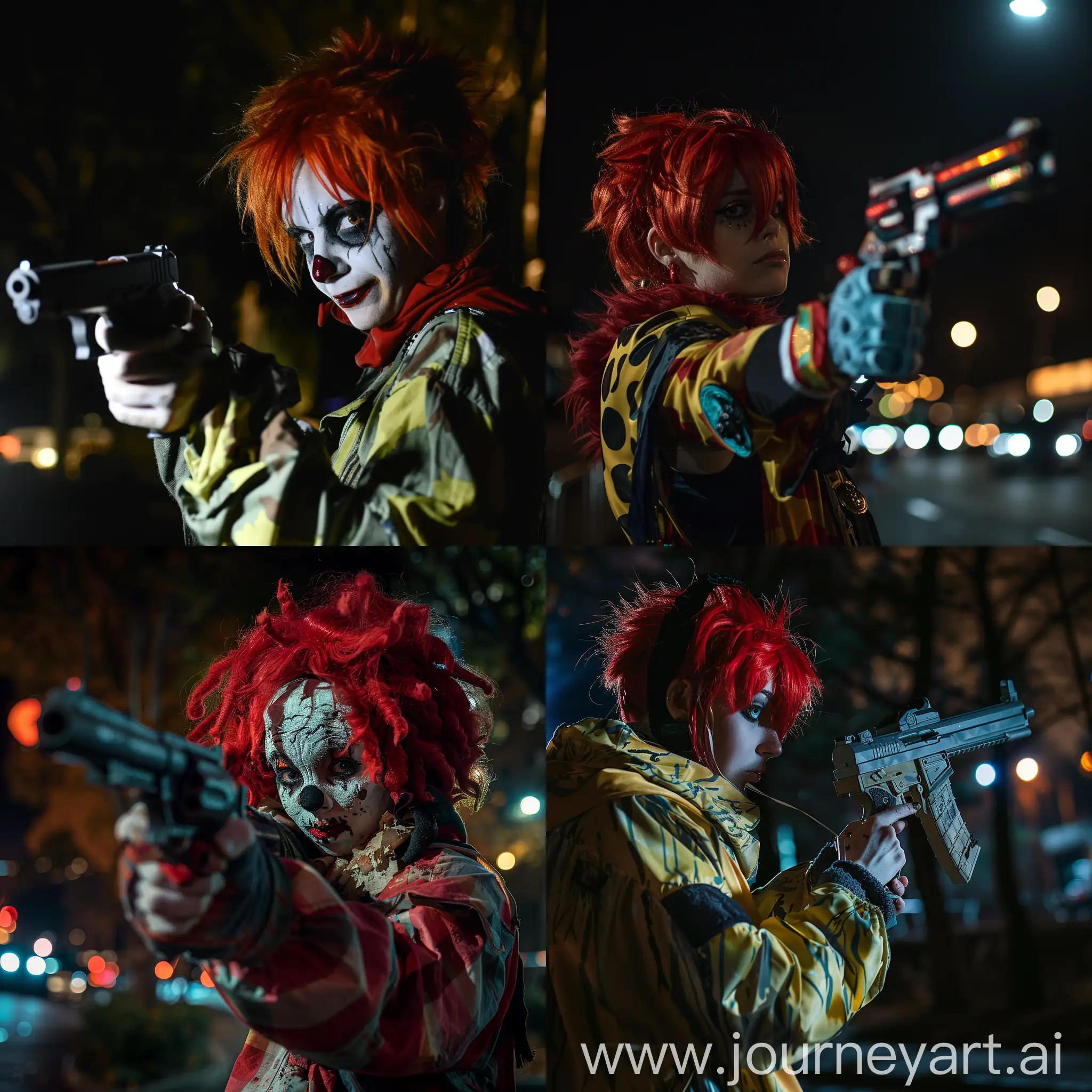 a person with red hair dressed as a gun for halloween at night time