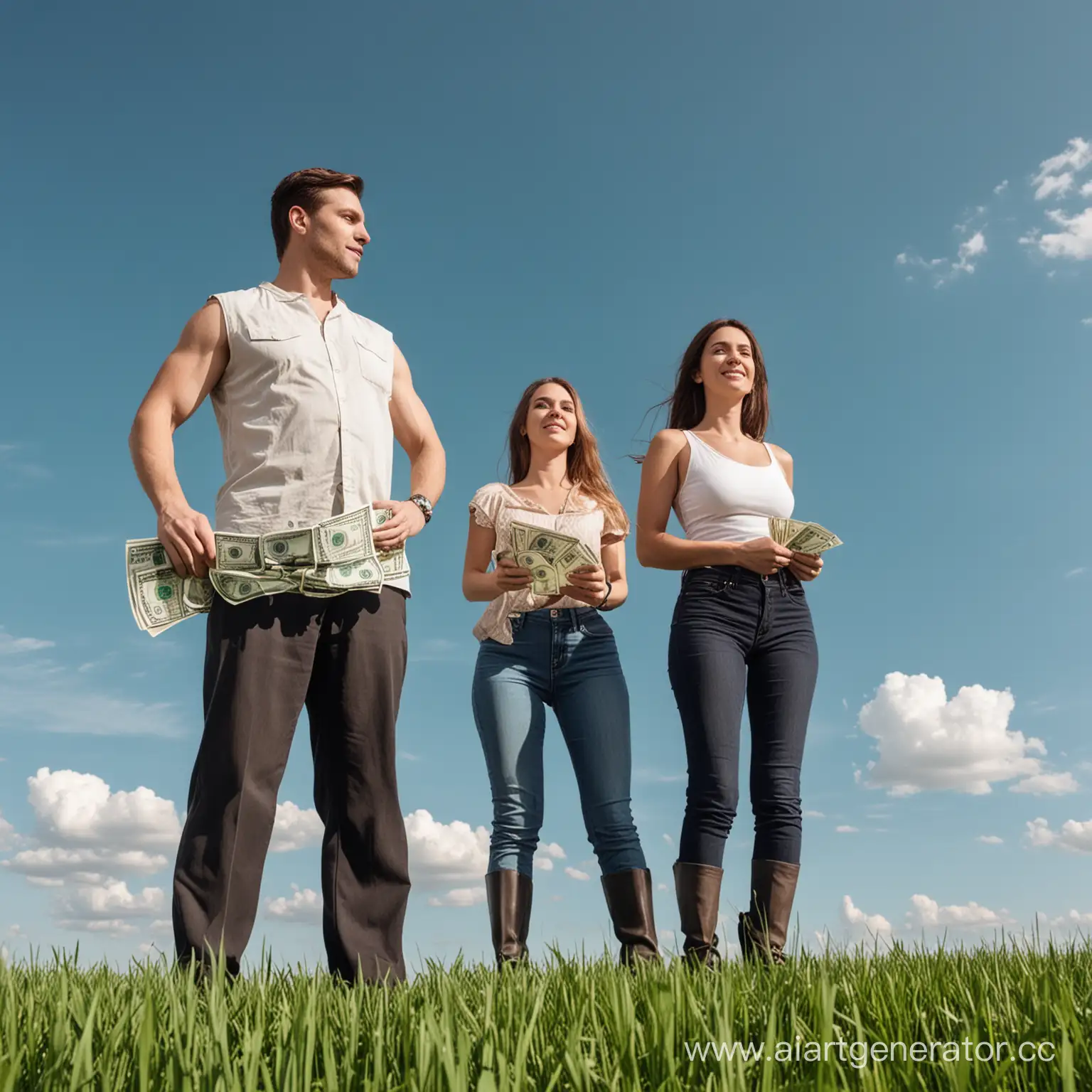 Мужчина и женщина с деньгами, на фоне голубого неба, стоят на зеленой траве