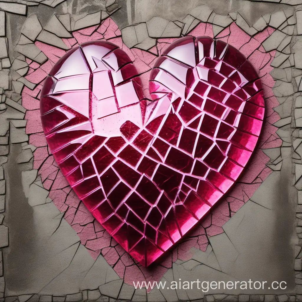Разбитое сердце из битого стекла розового цвета на фоне бетона