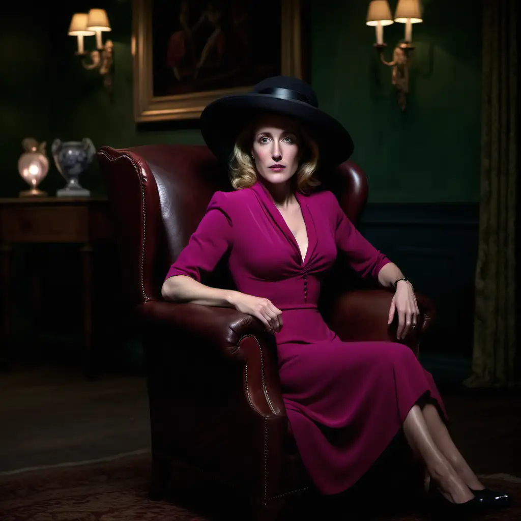 Actress Gillian Anderson as 1940's lady in magenta dress and a large black hat sat in brown leather armchair in dark dimly lit room in large manor house at night
